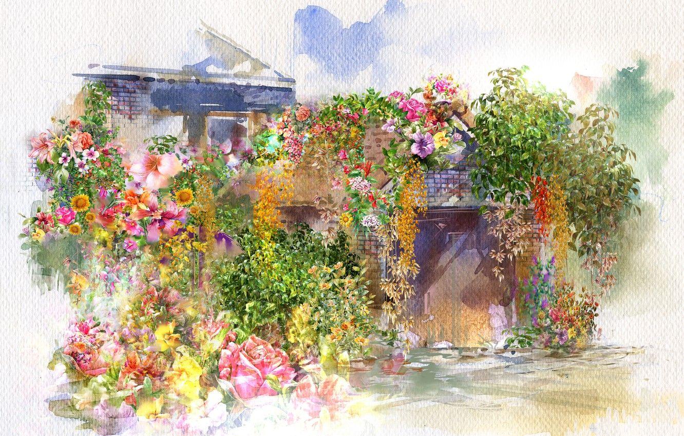 1332x850 Wallpaper flowers, house, watercolor, painting image for desktop, section живопись