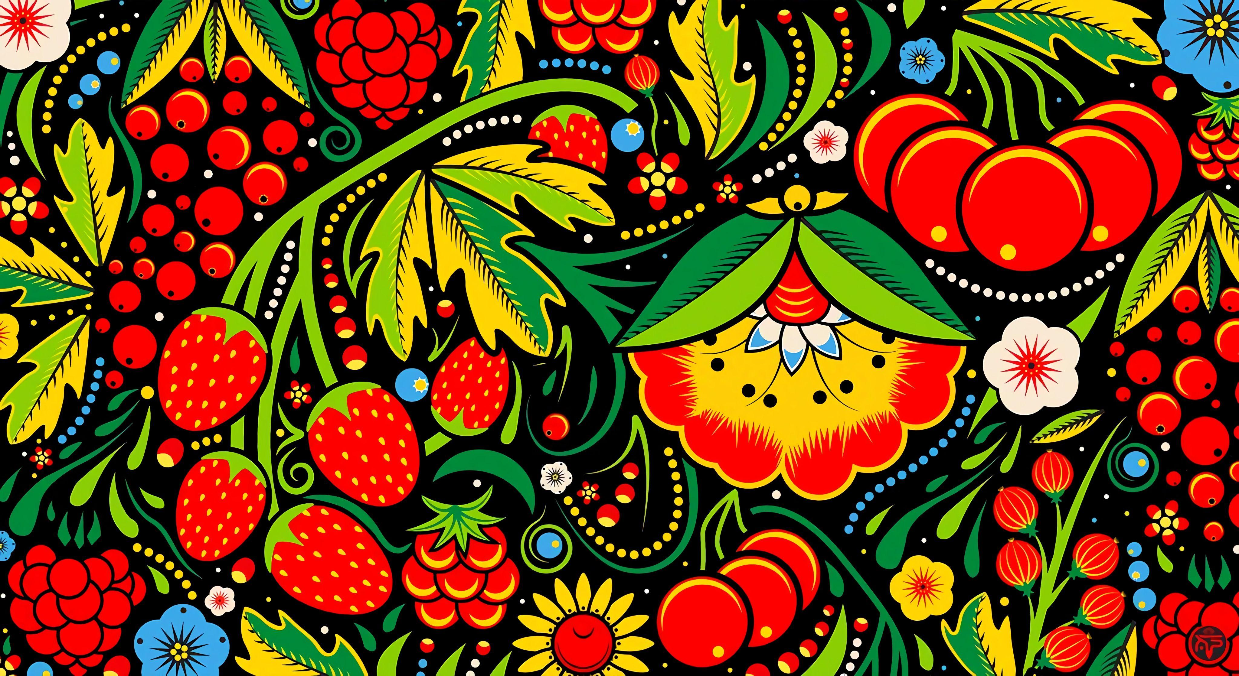 4096x2236 Download wallpaper 4096x2236 pattern, berry, flowers, painting HD background