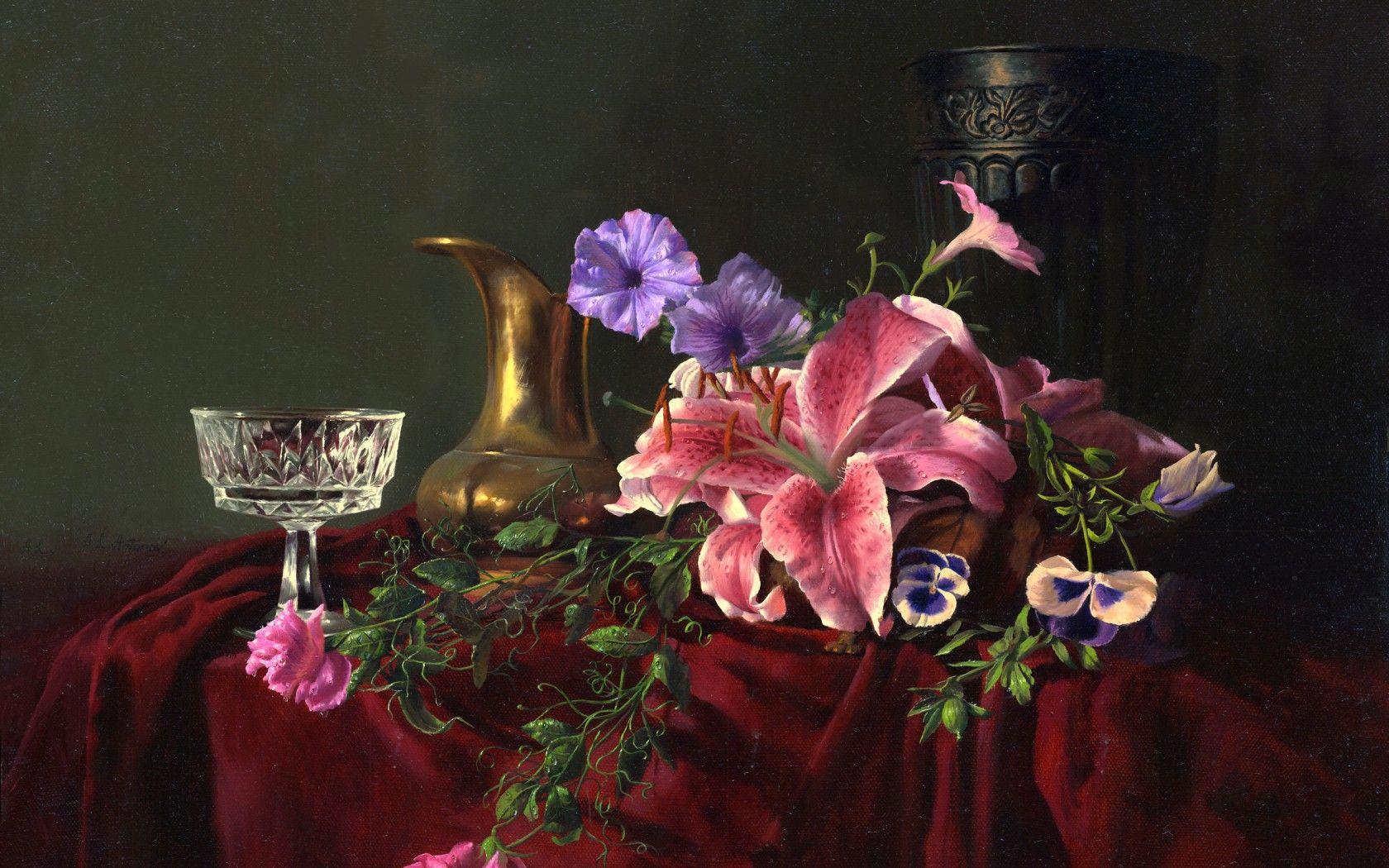 1680x1050 painting, Still, Life, Alexei, Antonov, Flowers, Jar, Glass, Crystal, Vase, Lilies Wallpaper HD / Desktop and Mobile Background