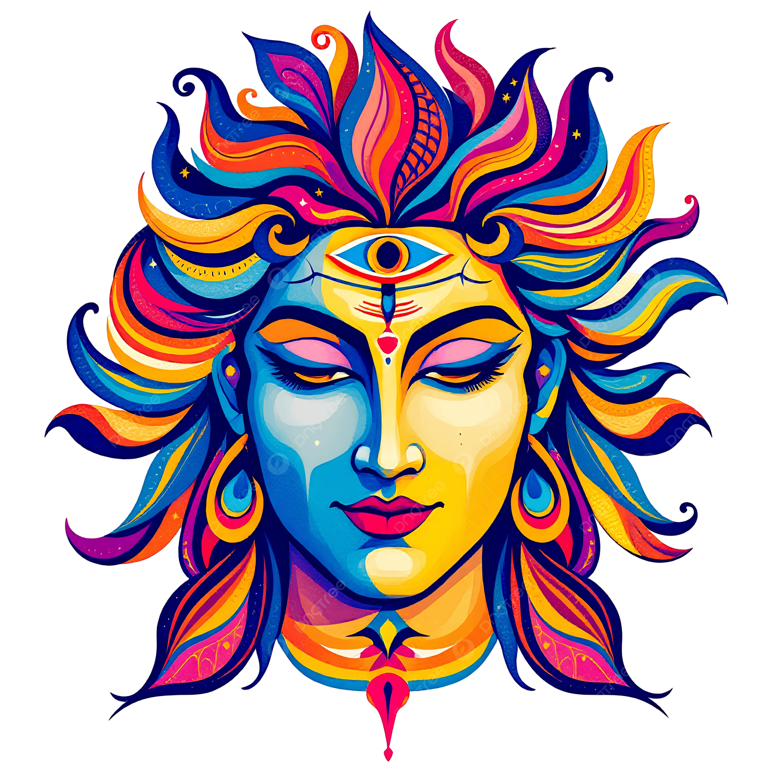 2500x2500 Hindu God With Shiva Third Eye In Colorful Portrait, Lord Shiva Half Yellow Half Blue Face With Vibrant Hair, Bold Colors And Divine Third Eye Design, Lord Shiva PNG Transparent Image and