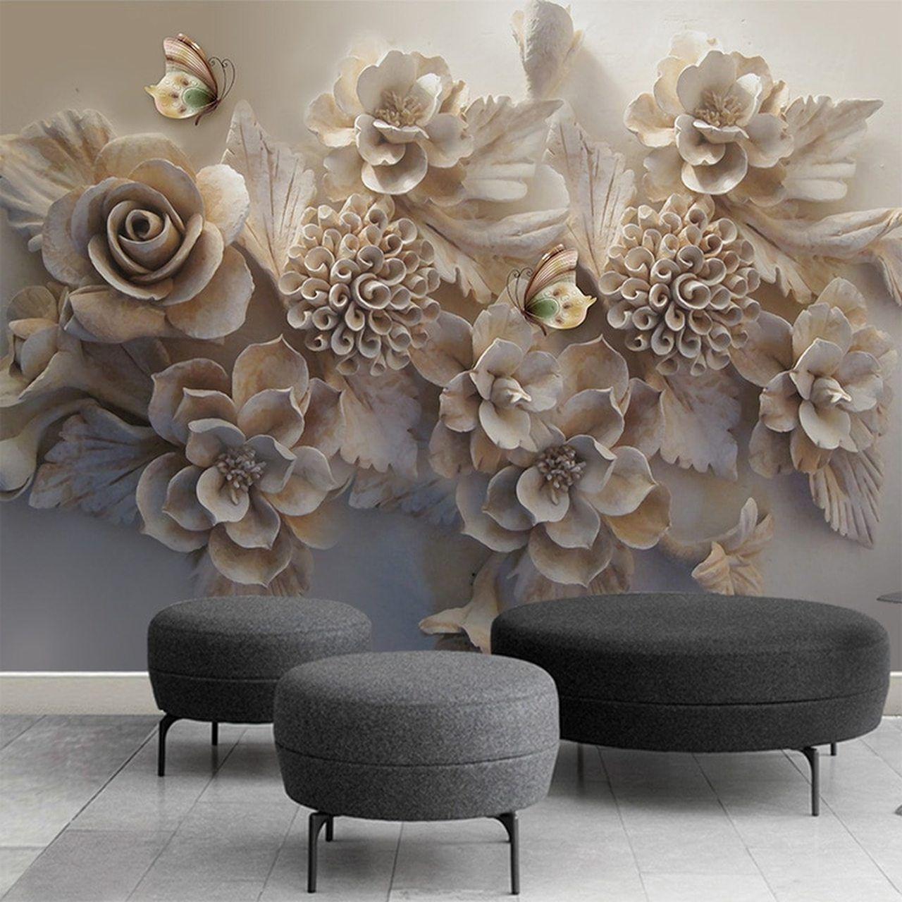 1280x1280 Custom Mural 3D Wallpaper European Aesthetic Three Dimensional Relief 3D Flower Butterfly Living Room Sofa Background Wallpaper