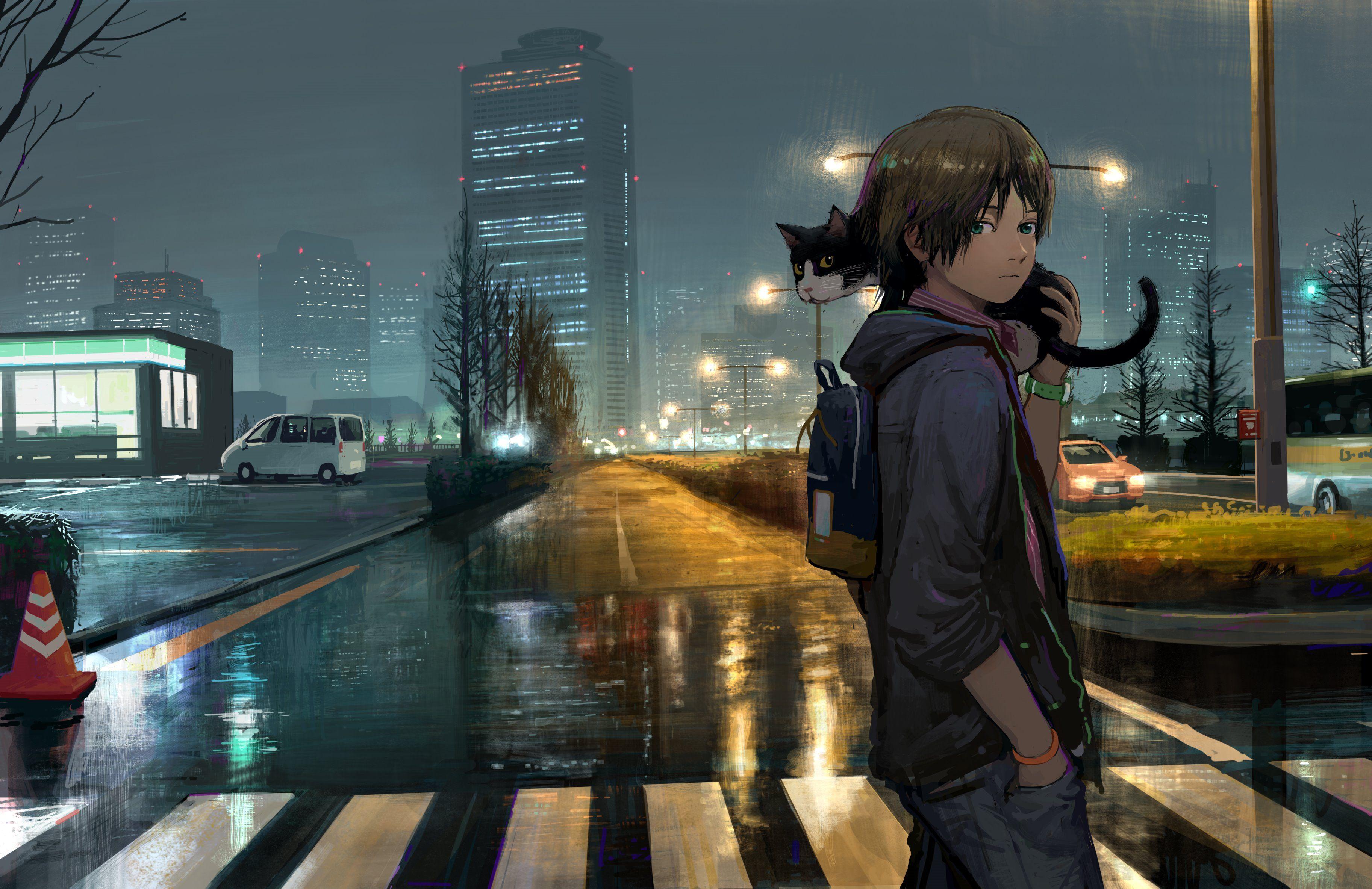 3650x2366 Boy Rain Night Road Building Cat Green Eyes Wallpaper:3650x2366