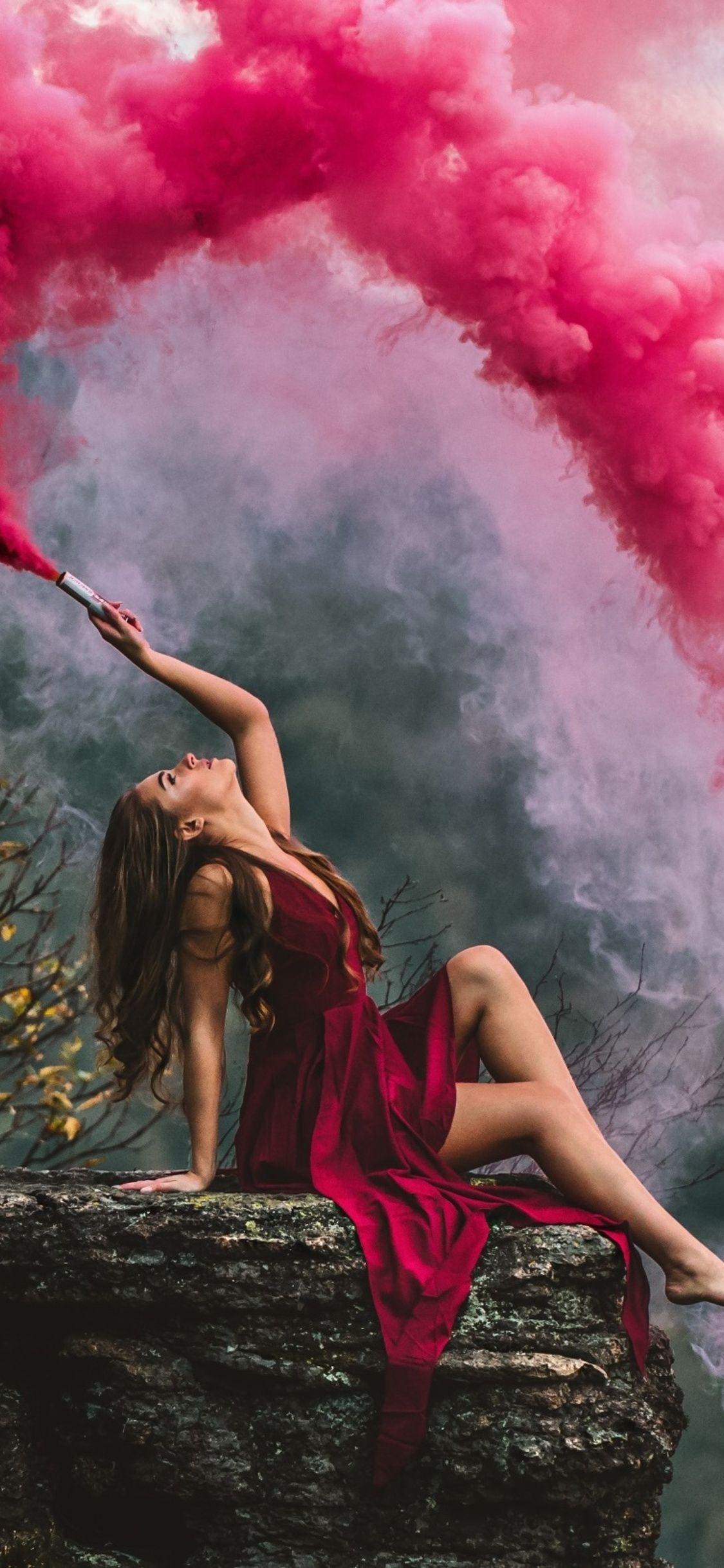 1125x2436 Girl Red Dress Smoke Bomb iPhone XS, iPhone iPhone X HD 4k Wallpaper, Image, Background, Photo and Picture