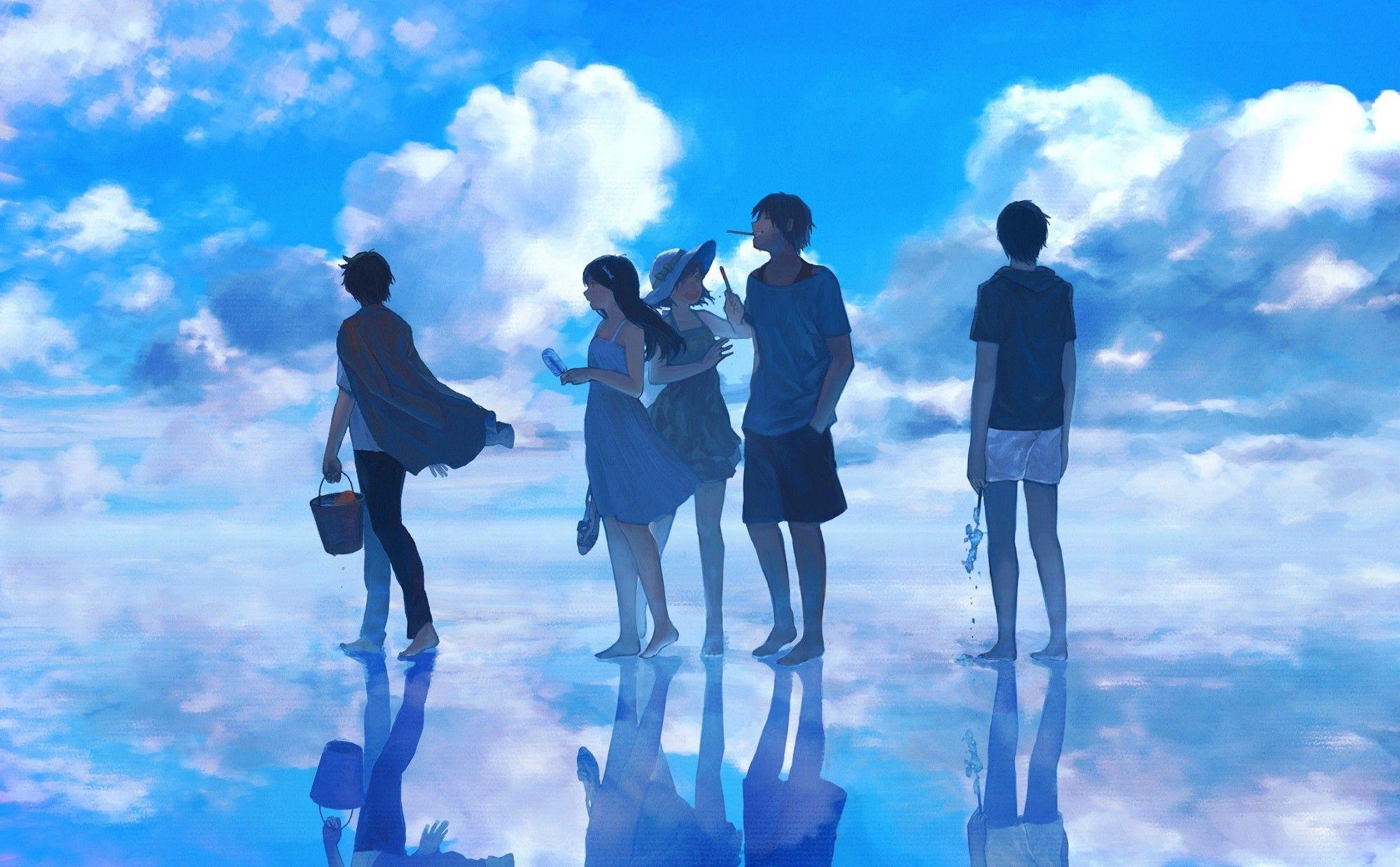 2000x1239 water, clouds, dress, summer, pocky, anime, anime boys, anime girls, sky wallpaper