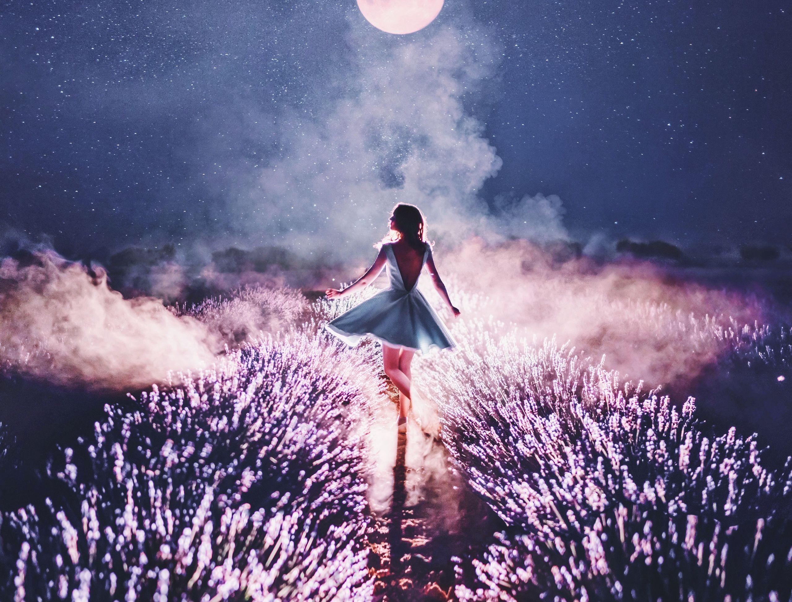 2560x1946 Women Rear Girl Night Smoke Dance Dress Silhouette Lavender Woman Model HD Wallpaper Background Image
