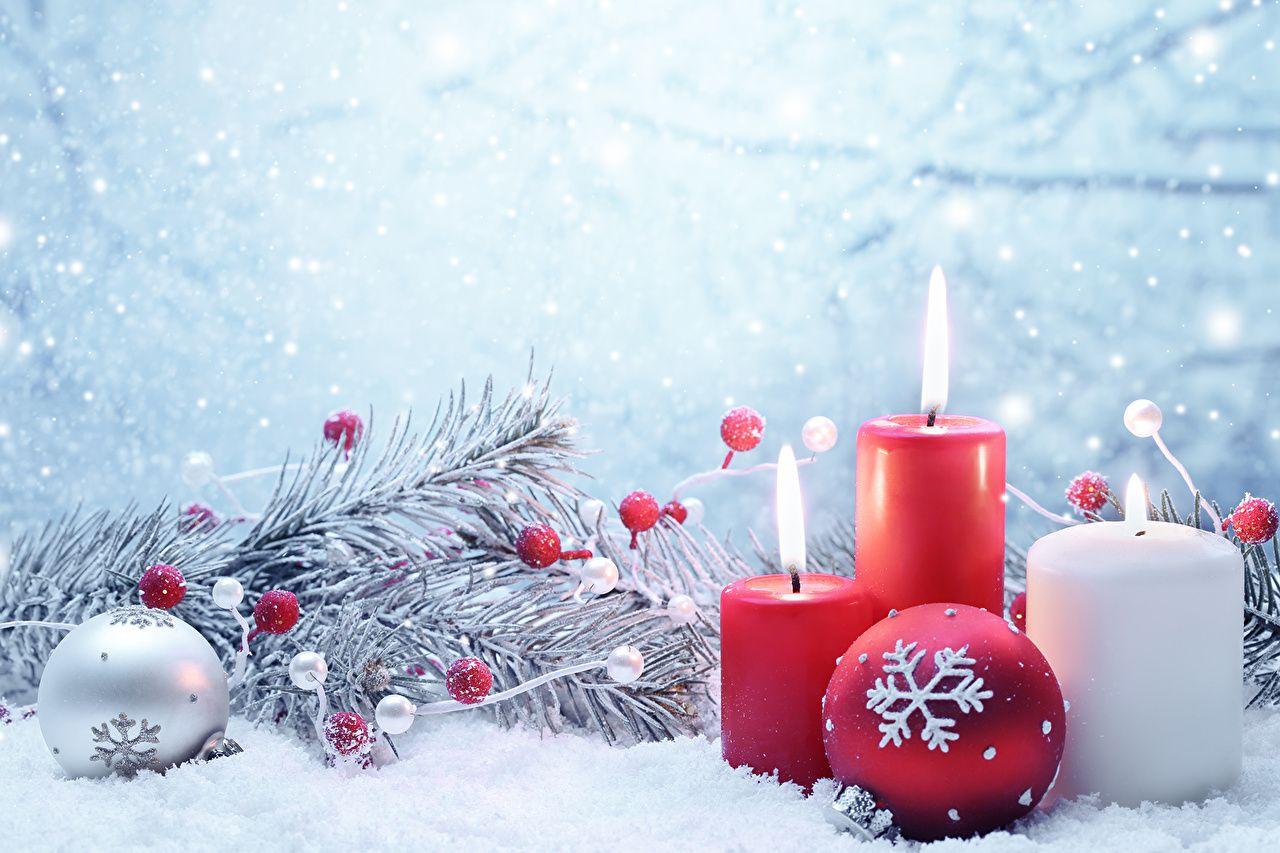 1280x853 Wallpaper New year Snowflakes Christmas tree Snow Balls Candles