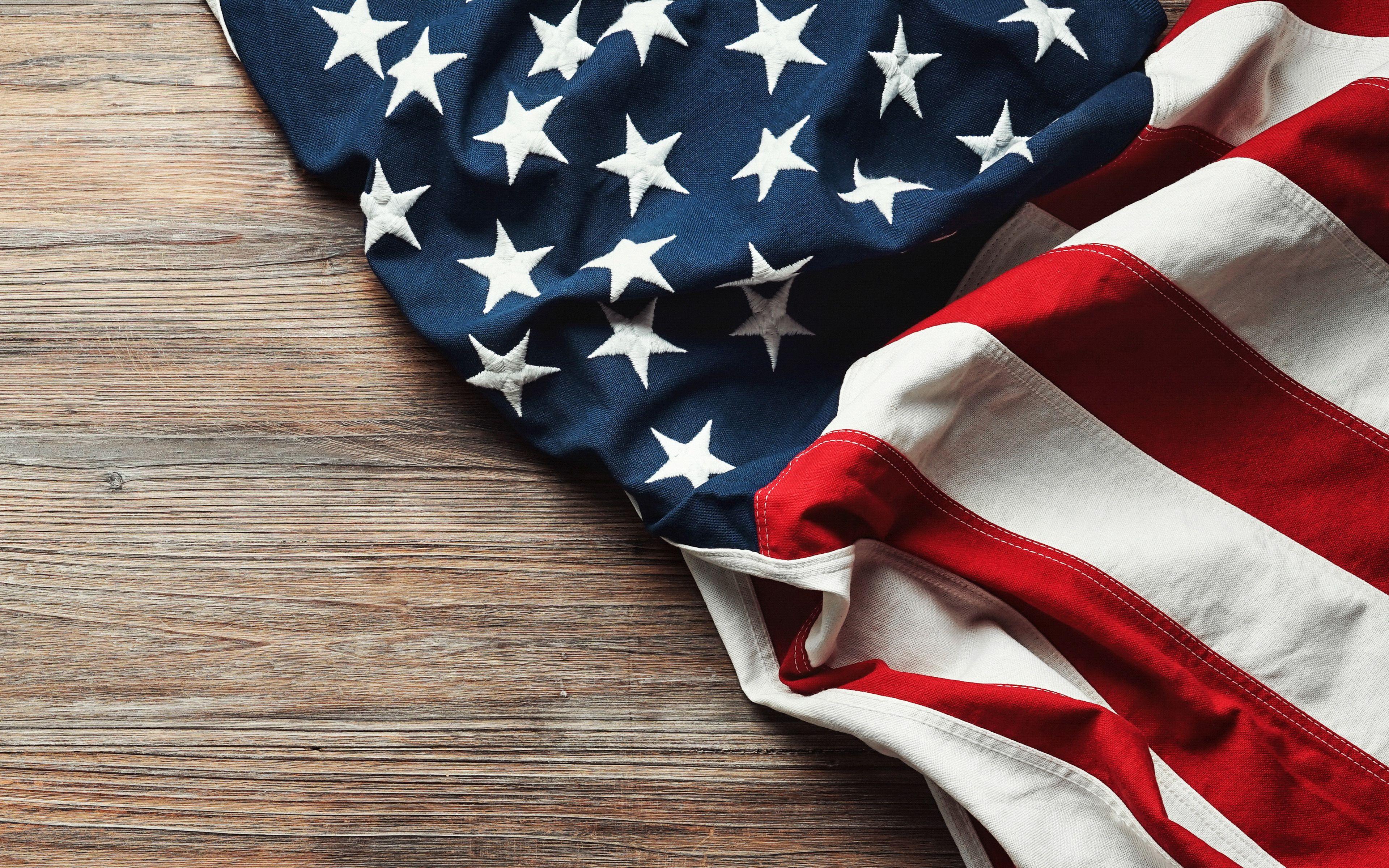 3840x2400 Download wallpaper 4k, USA flag, wooden background, North American countries, USA fabric flag, Flag of USA, american flag, national symbols, United States of America, North America, USA for desktop with resolution 3840x2400
