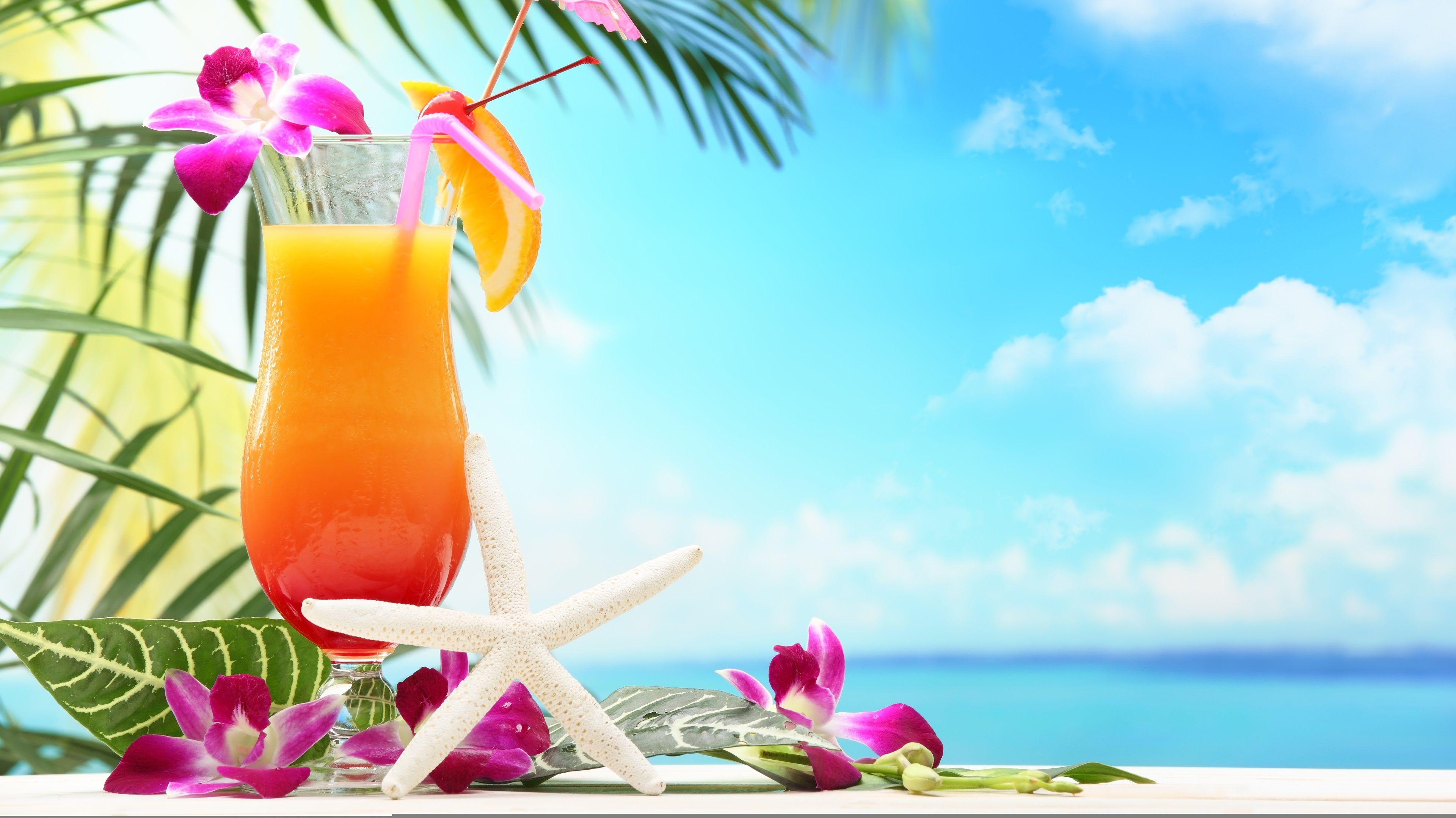 3840x2160 Wallpaper Tropical drinks, fruit juice, flowers, glass cup 3840x2160 UHD 4K Picture, Image