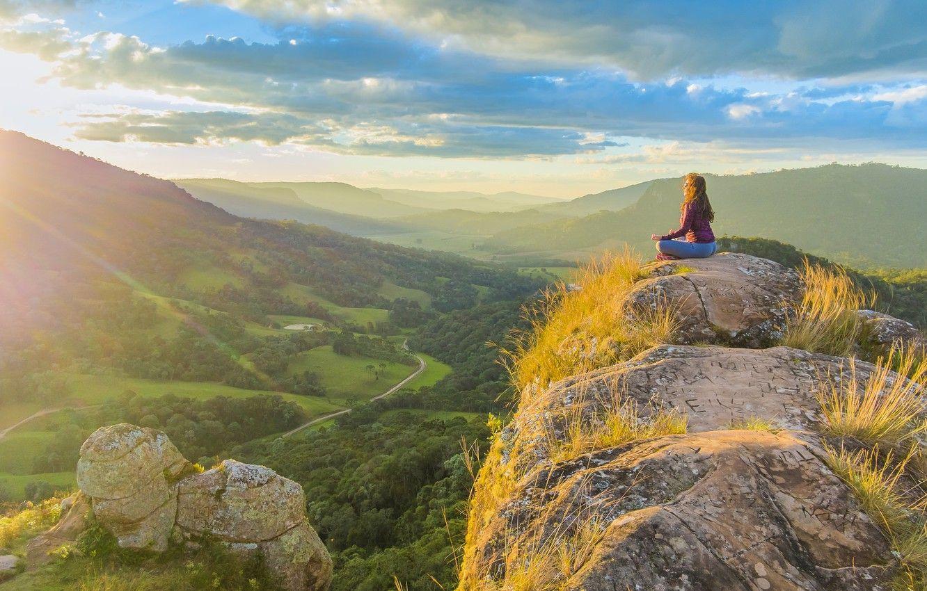 1332x850 Wallpaper the sky, the sun, clouds, rock, sunrise, woman, valley, meditation, yoga, rock, Brazil, Urubici, Santa Catarina image for desktop, section пейзажи