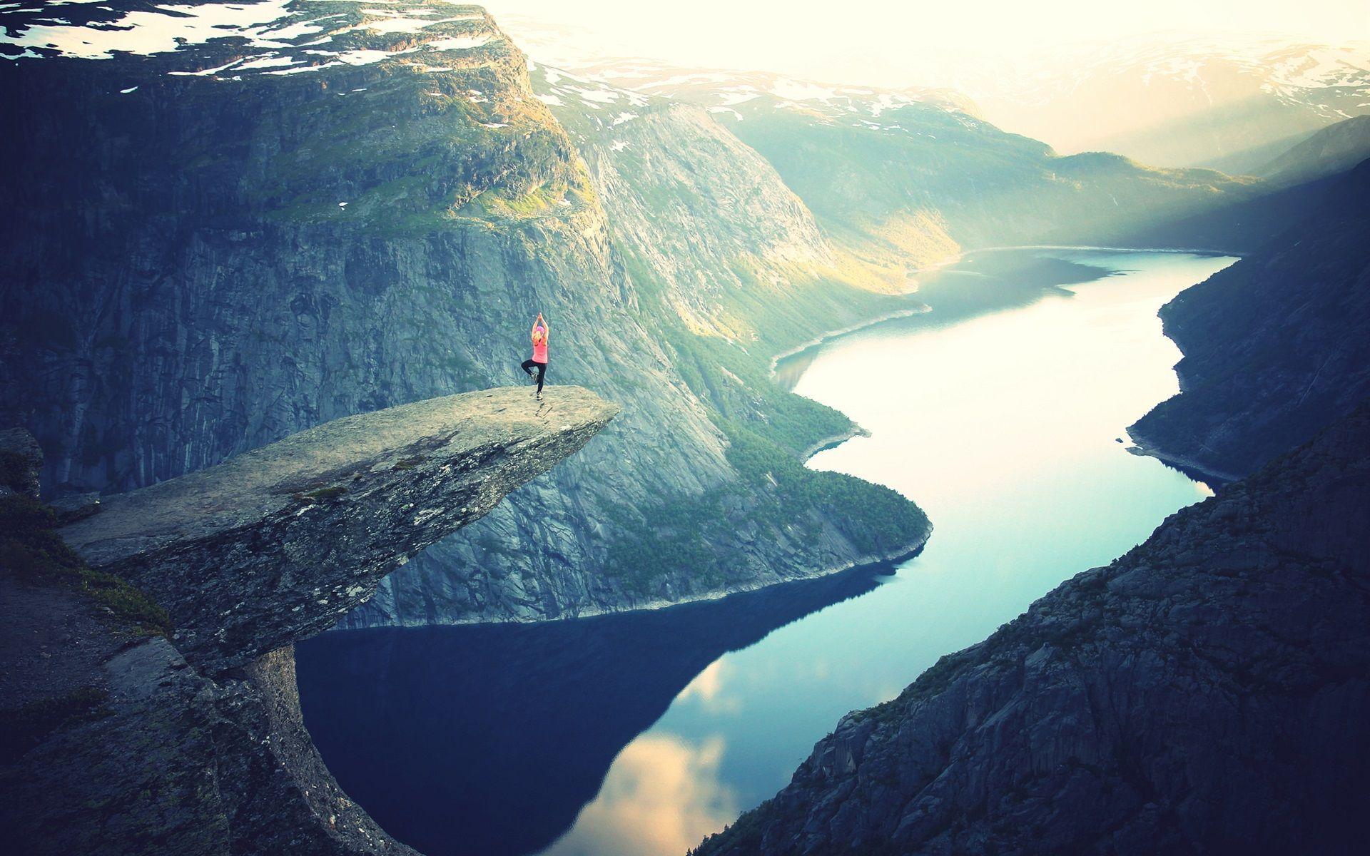 1920x1200 Wallpaper Beautiful nature landscape, lake, mountains, rocks, sun rays, girl, yoga 1920x1200 HD Picture, Image