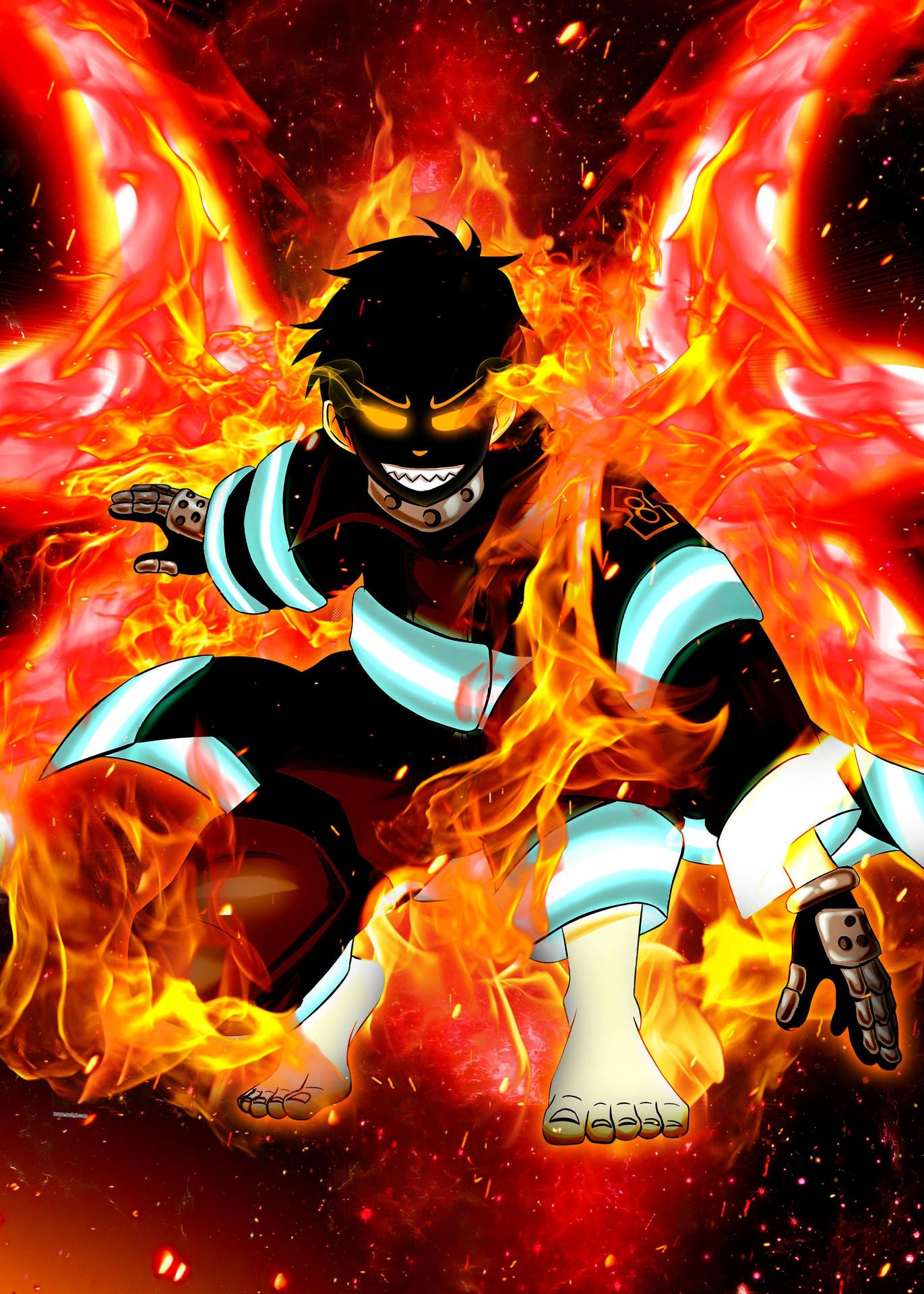 1371x1920 Download Caption: Shinra Kusakabe's Iconic Devil's Grin Wallpaper