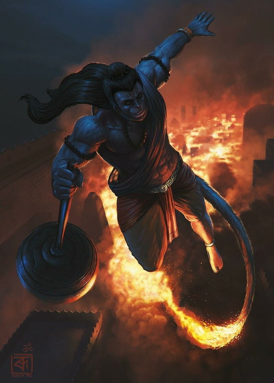 890x1245 Hanuman Flying Over Burning City With Gada Mace Digital Art, Animated Hanuman, Cartoon Hanuman HD phone wallpaper
