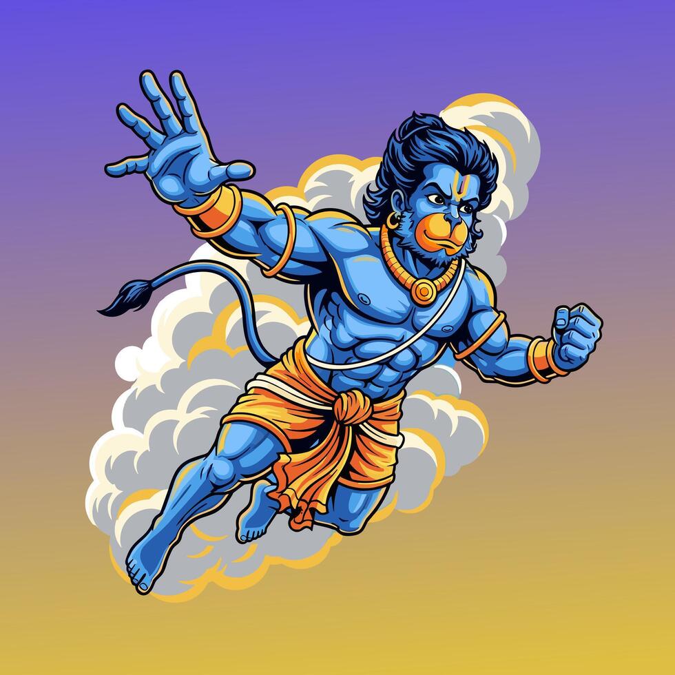 980x980 Blue skin hanuman in a dynamic flying pose