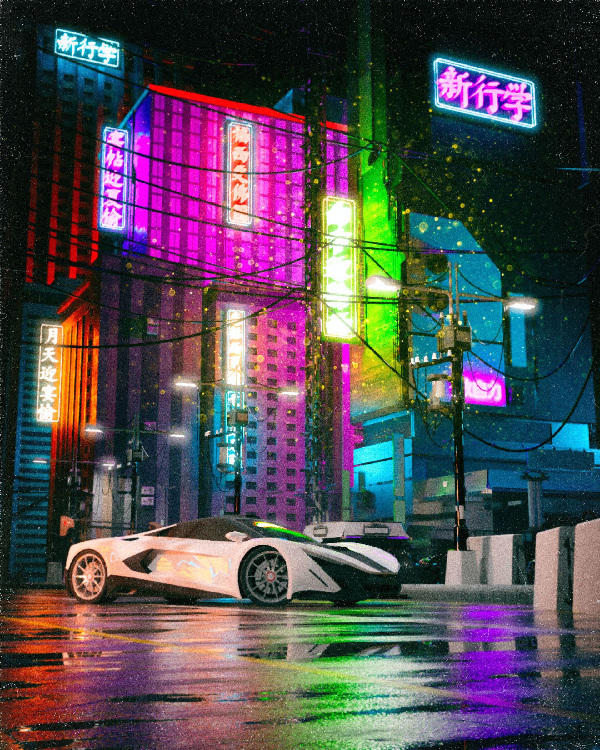 1920x2400 Download wallpaper 1920x2400 mclaren, car, supercar, white, buildings, neon, hieroglyphs HD background