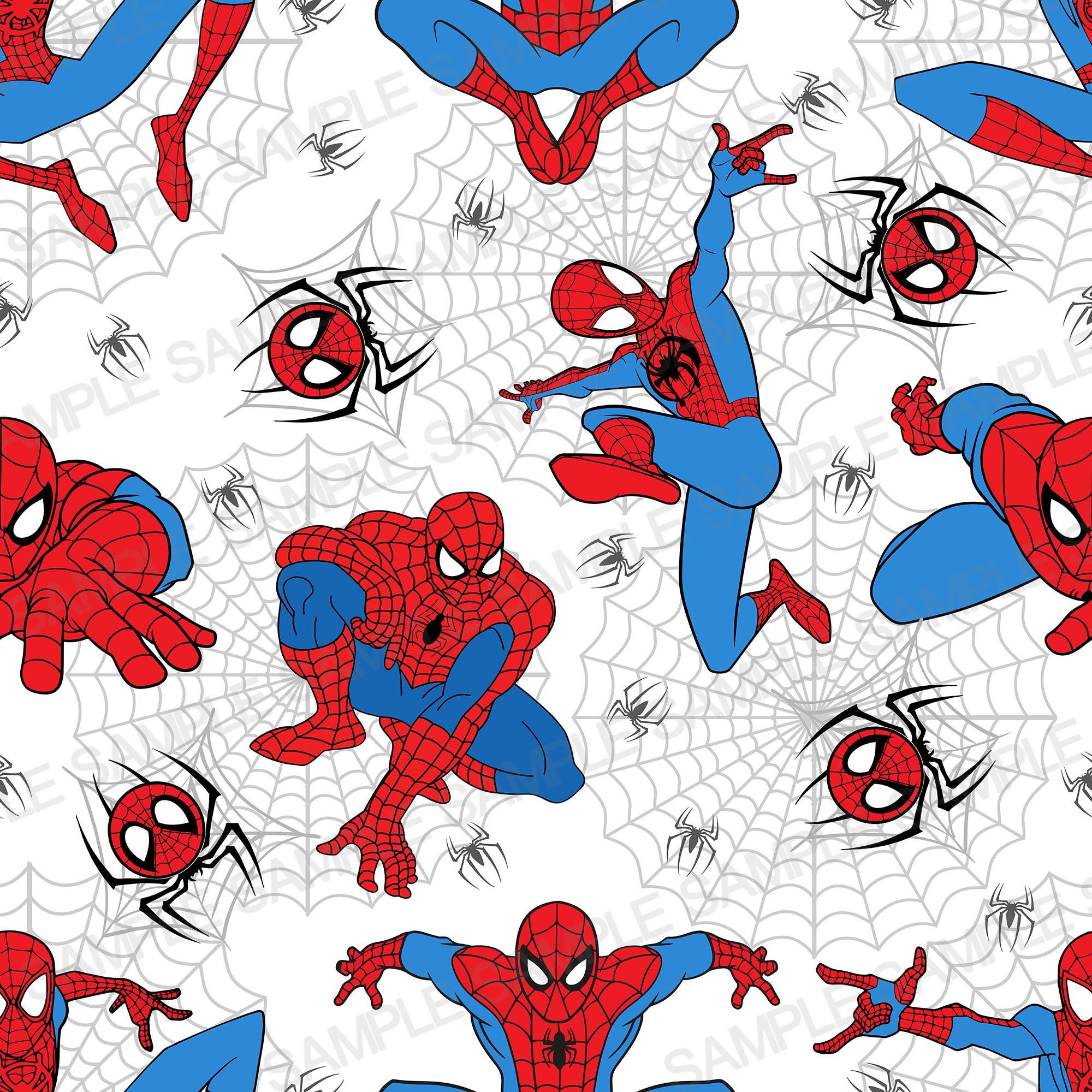 2000x2000 Cartoon Spiderman Seamless Pattern, Classic Superhero Digital Paper, White Spider Web Background, Boys Fabric Design