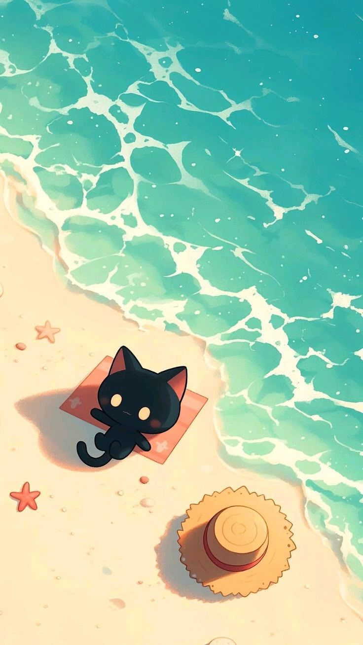 736x1308 Cute black cat art wallpaper. Anime cats wallpaper, Summer cat background, Beach