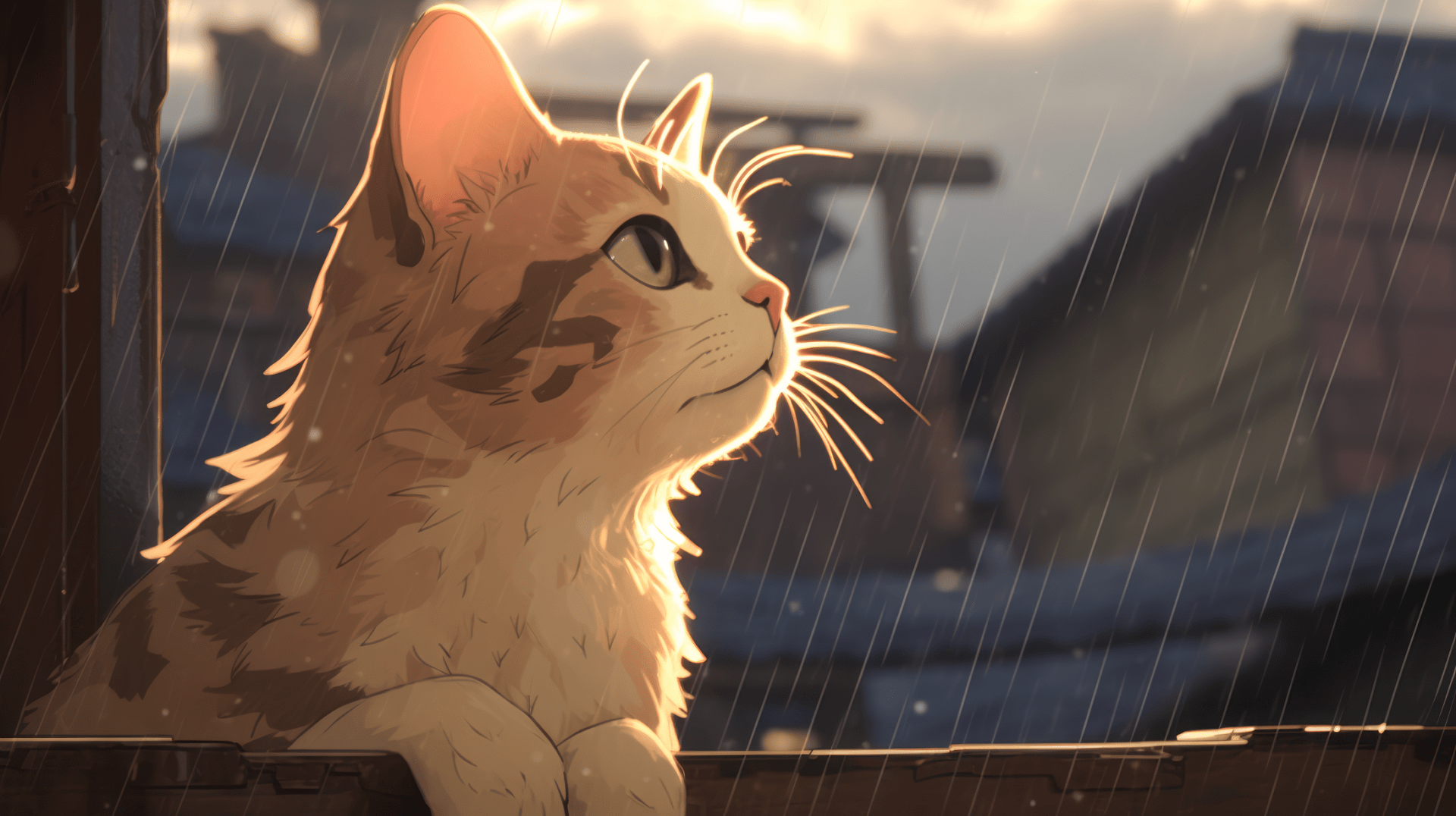 1920x1076 Lofi Style Anime Cat With Rain Wallpaper