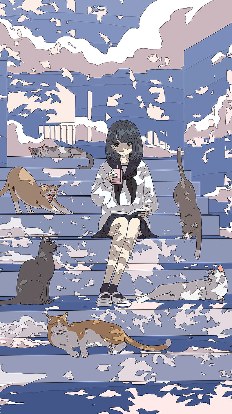 800x1422 Cats on the staircase [Original]. Cute art, Anime scenery, Anime background, HD phone wallpaper
