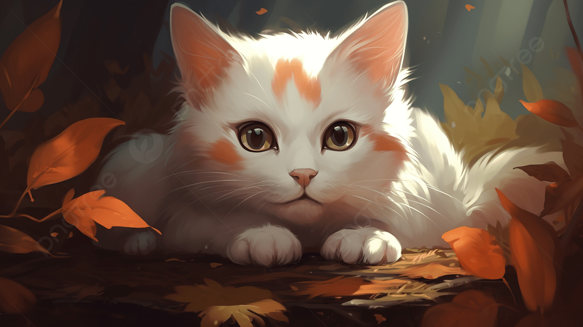 1200x673 White And Orange Kitty Sitting In The Woods Among Leaves, Anime Cat Picture, Cat, Pet Background Image And Wallpaper for Free Download