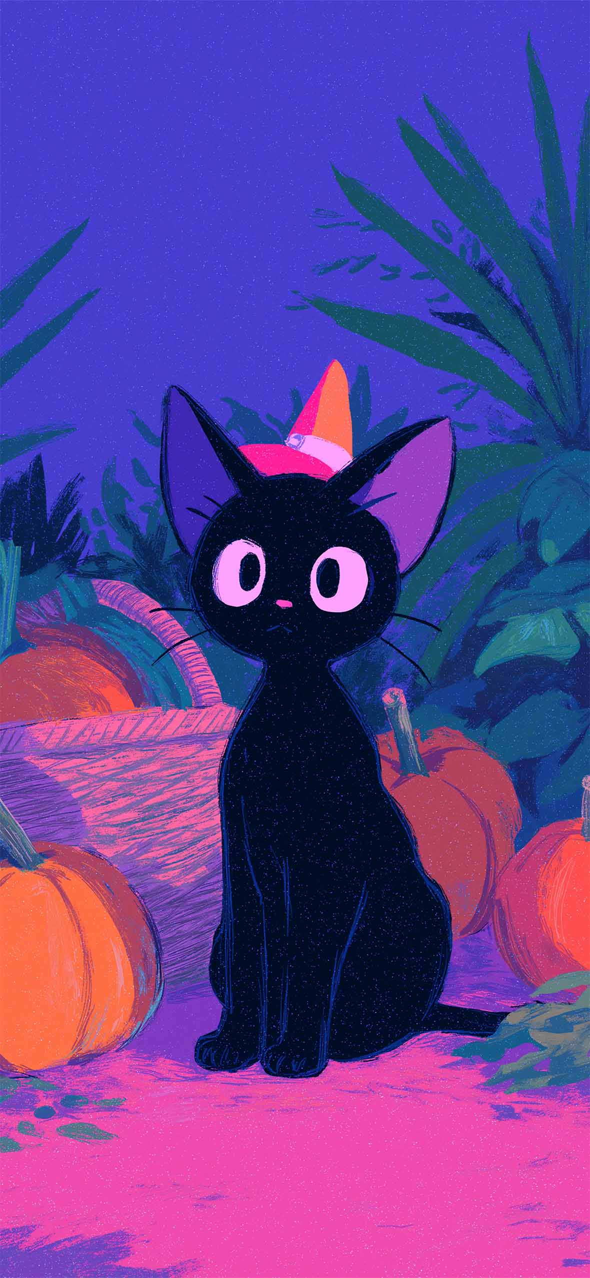 1180x2554 Kiki Cat Halloween Pumpkin Purple Anime Wallpaper