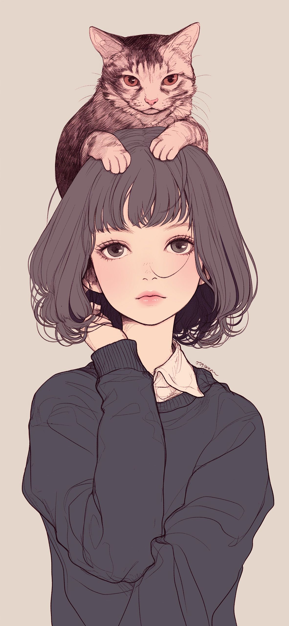 1183x2560 Anime Girl with Cat on Head Wallpaper HD Wallpaper