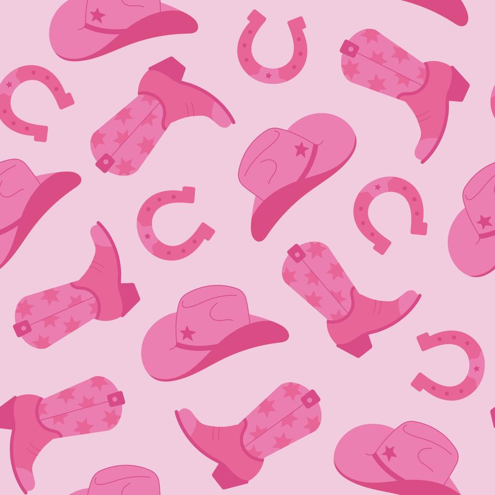 980x980 Seamless pattern wild west. Cowgirl vector elements repeating on a pink background. Cowboy hat, boots, horseshoe. Flat style hand drawn wallpaper