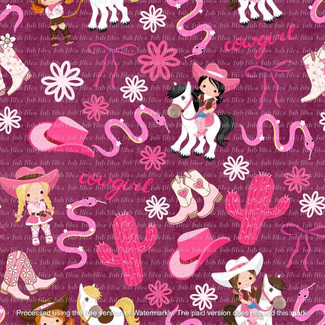 1080x1080 Cowgirl Seamless Pattern. Digital Download. Pink Western Kids Design. Horse Girl Fabric. Cute Cowboy Boots & Hats PNG