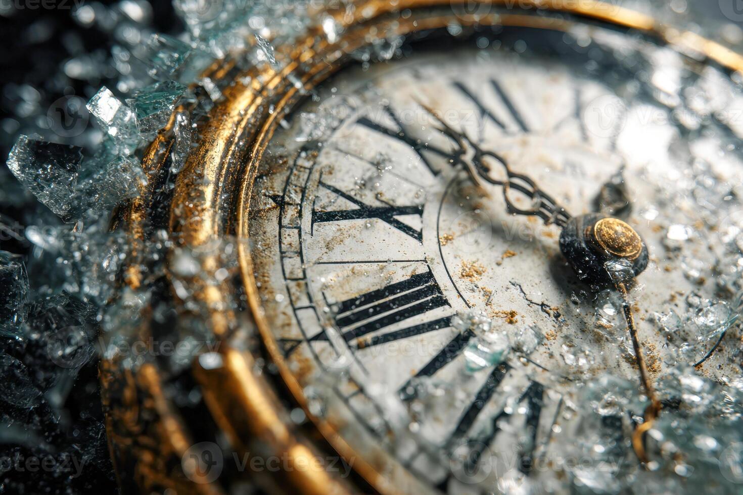 1470x980 Close Up Of A Shattered Antique Clock With Roman Numerals