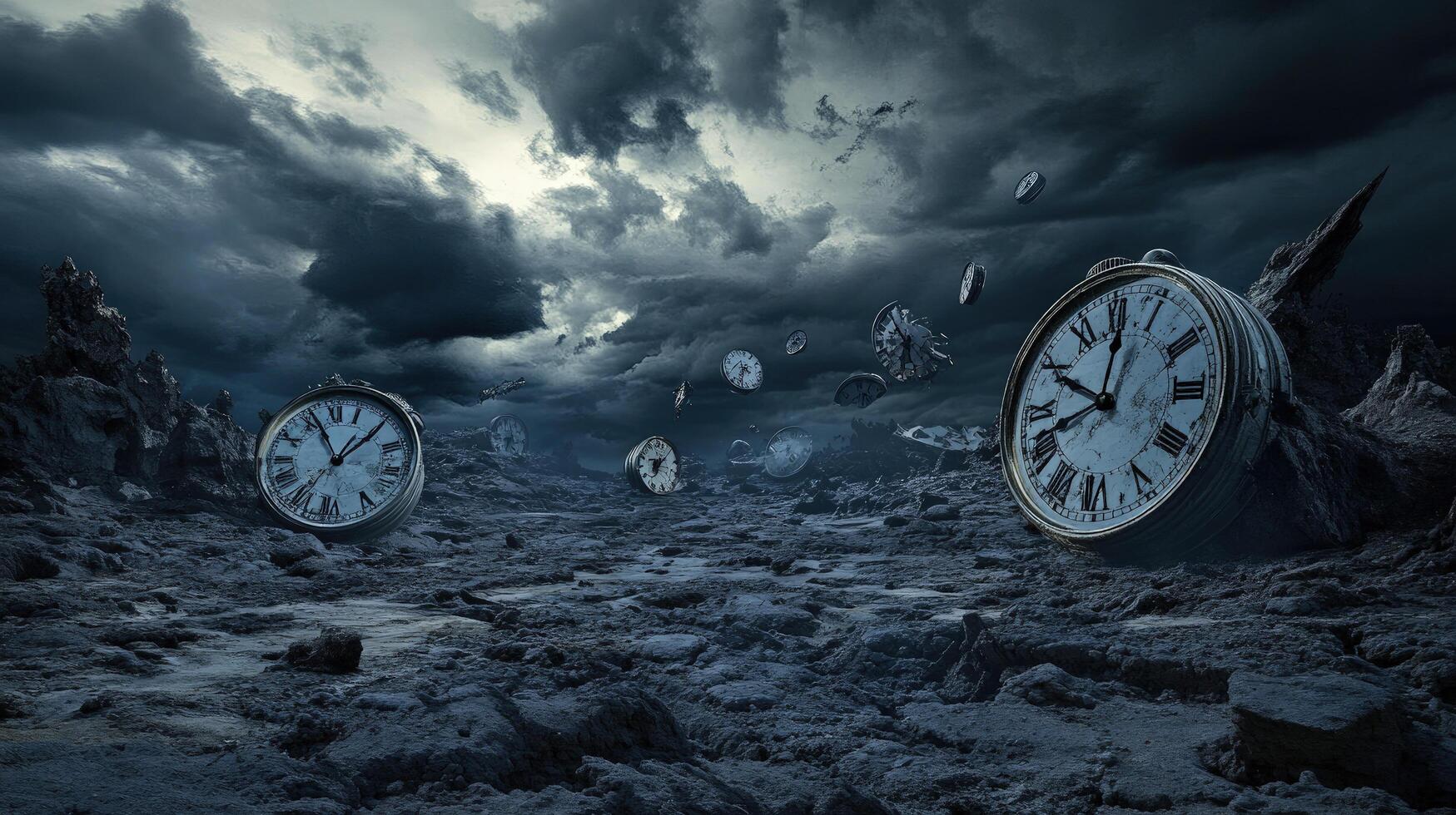 1749x980 Surreal landscape with massive vintage clocks amidst shattered time pieces under dramatic stormy sky