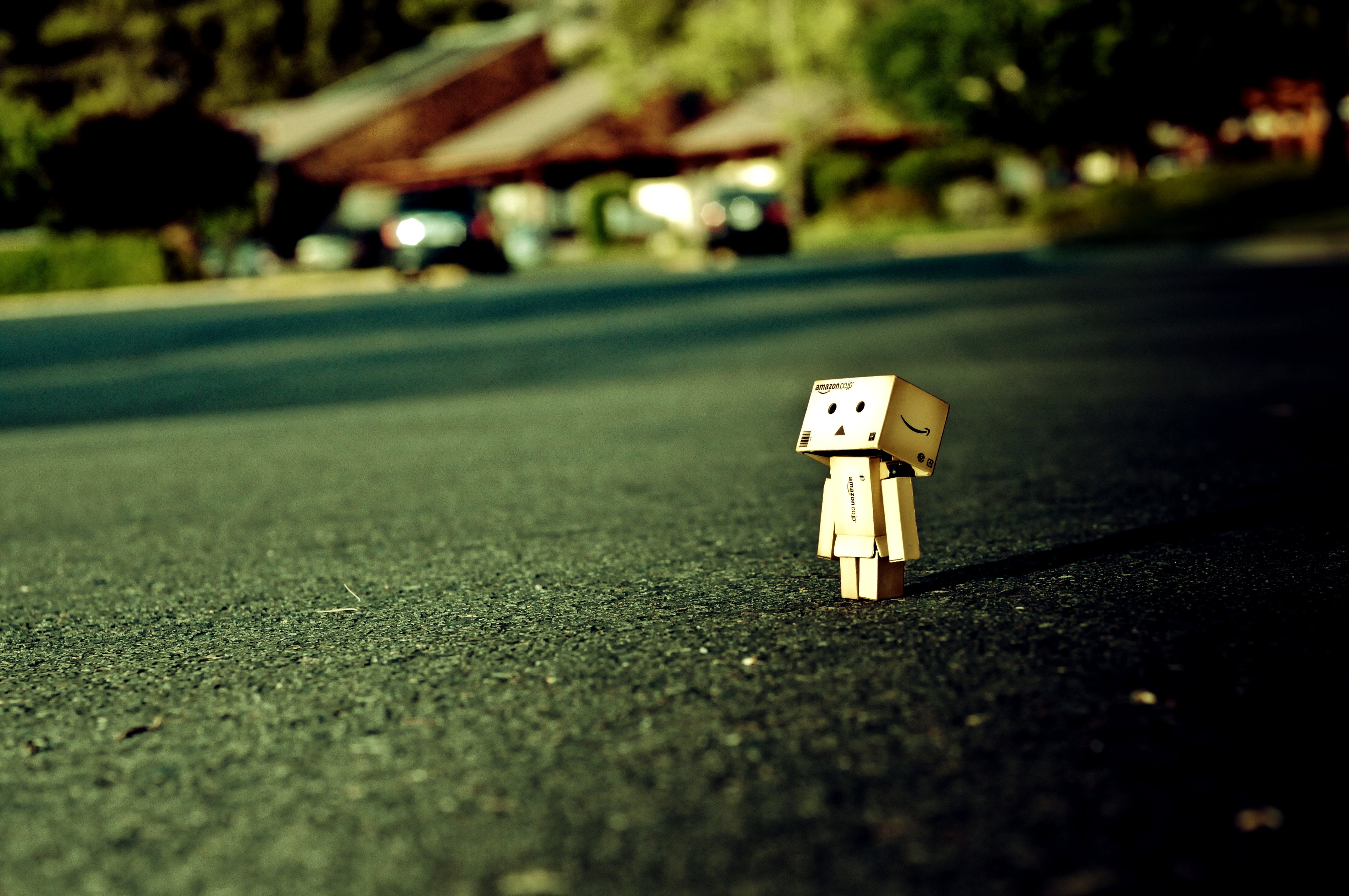 4288x2848 Brown box head toy in the road watching something wallpaper HD wallpaper