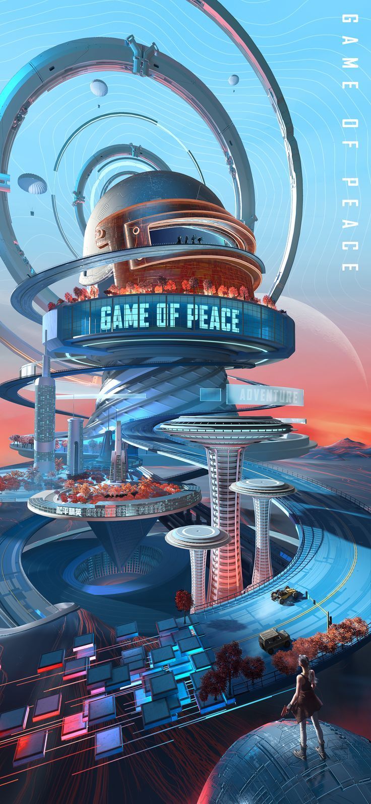 736x1592 Game Of Peace: A Futuristic City. Retro Futuristic City Wallpaper, Futuristic Game Environment Design, Sci Fi Travel Poster