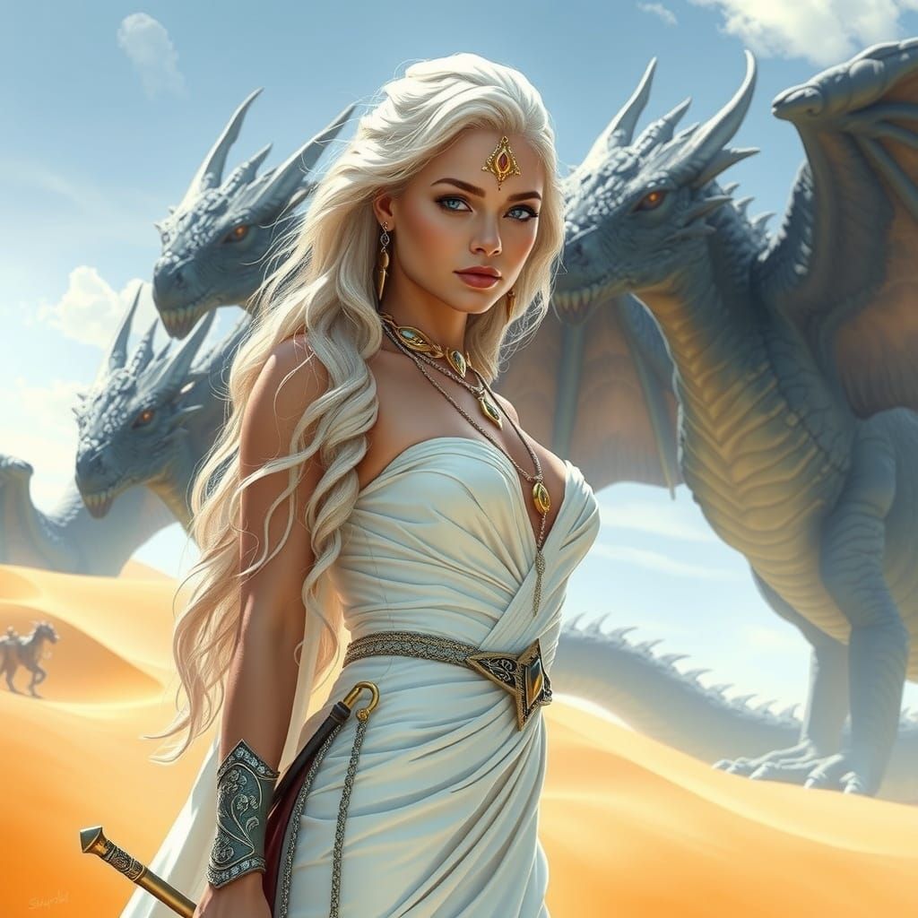 1024x1024 Ethereal Valyrian Princess with Dragons Amidst Gol