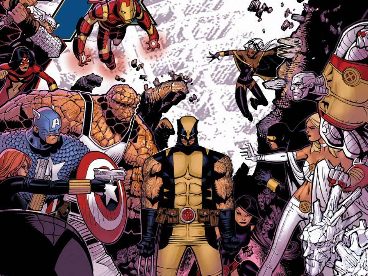 1280x960 Phone wallpaper: Comics, Avengers Vs X Men, Ben Grimm, Black Widow, Captain America, Colossus, Cyclops (Marvel Comics), Emma Frost, Iceman (Marvel Comics), Iron Man, Psylocke (Marvel Comics), Spider Woman, Storm (Marvel Comics)