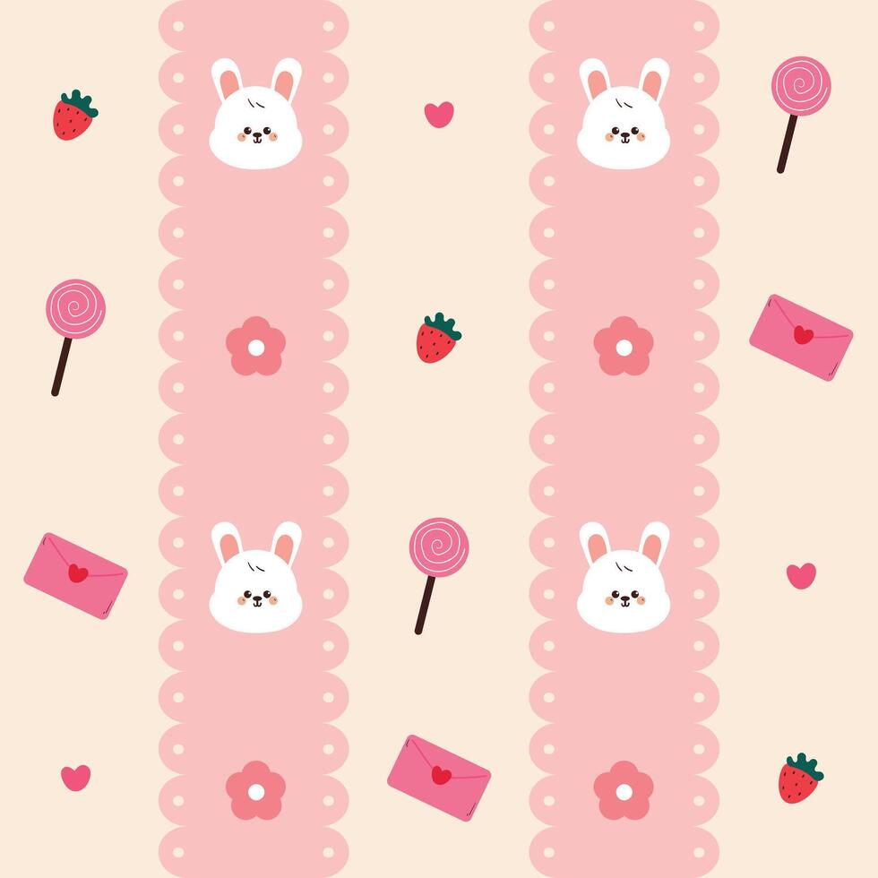 980x980 seamless pattern cute cartoon bunny with cute pink stuff. cute animal pattern with stripe background for wallpaper