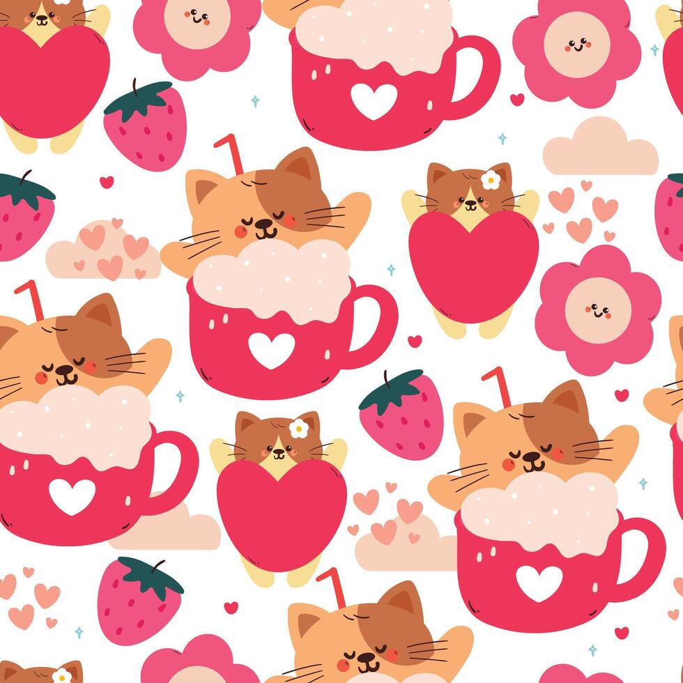 980x980 seamless pattern cute cartoon cat inside pink cup with hearts and pink stuff. cute animal pattern for valentine wallpaper, background and gift wrap paper