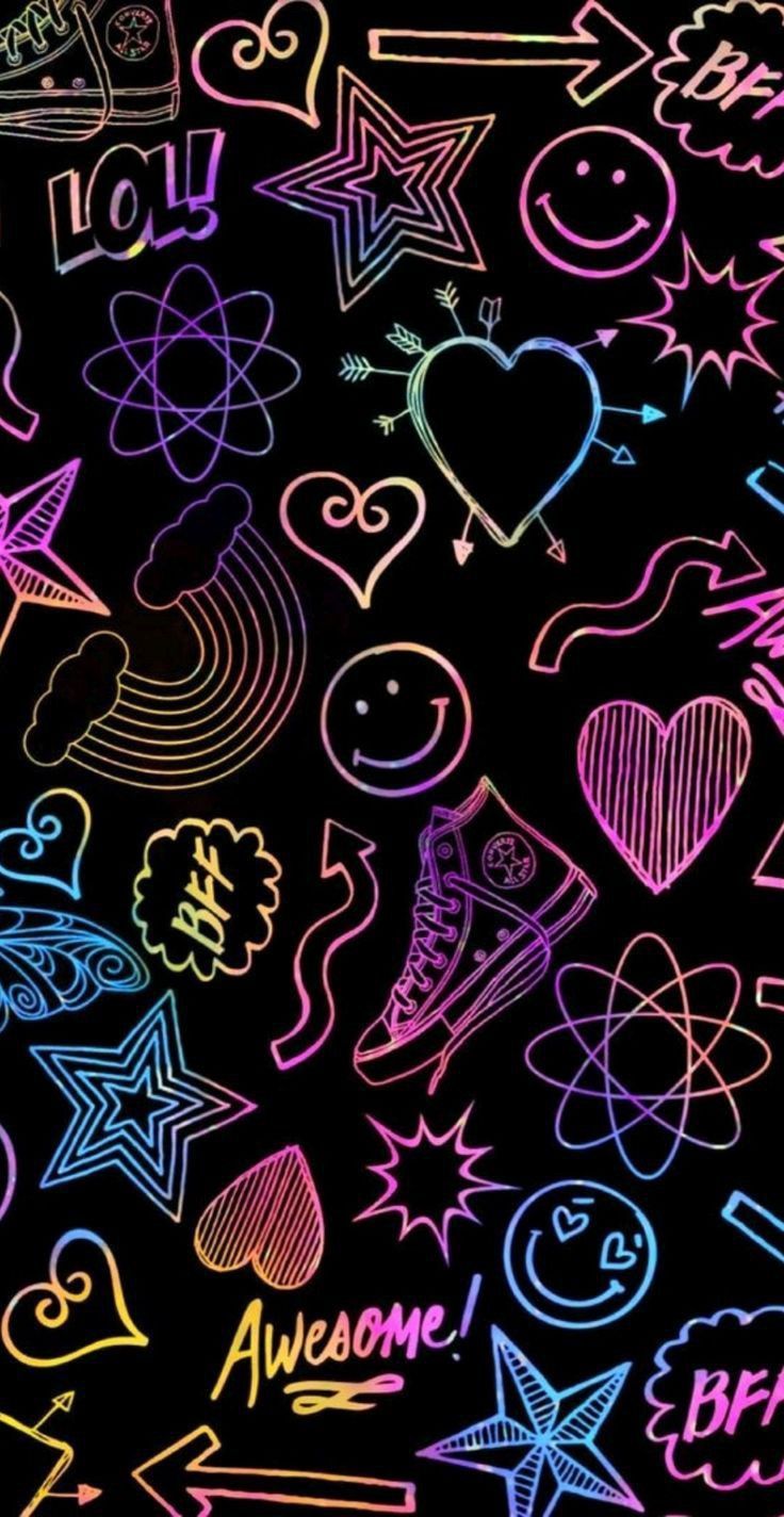 736x1424 Neon Doodles Wallpaper for Galaxy Phones. Black background colorful design, Colorful doodle pattern on black background, Creative phone wallpaper ideas