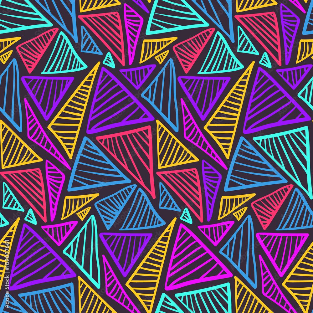 1000x1000 Vetor Doodle seamless pattern with bright neon color scratched triangles on dark background. Abstract fashion trendy vector texture with hand drawn shapes for textile, wrapping paper, surface, wallpaper do Stock