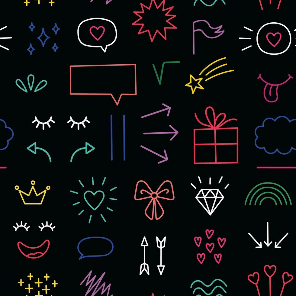 980x980 Hand drawn doodle elements seamless pattern. Dark theme. Cartoon illustration on black background. Neon elements texture