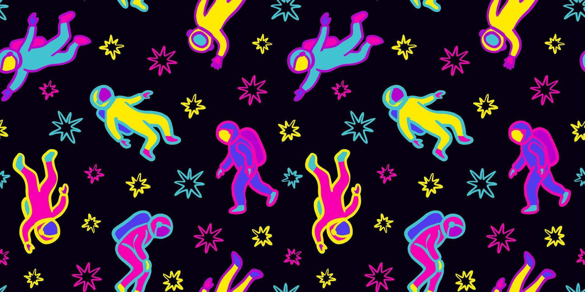 1920x960 seamless pattern with neon cosmonauts and stars on black background funky space doodle ornament for textile wallpaper and print