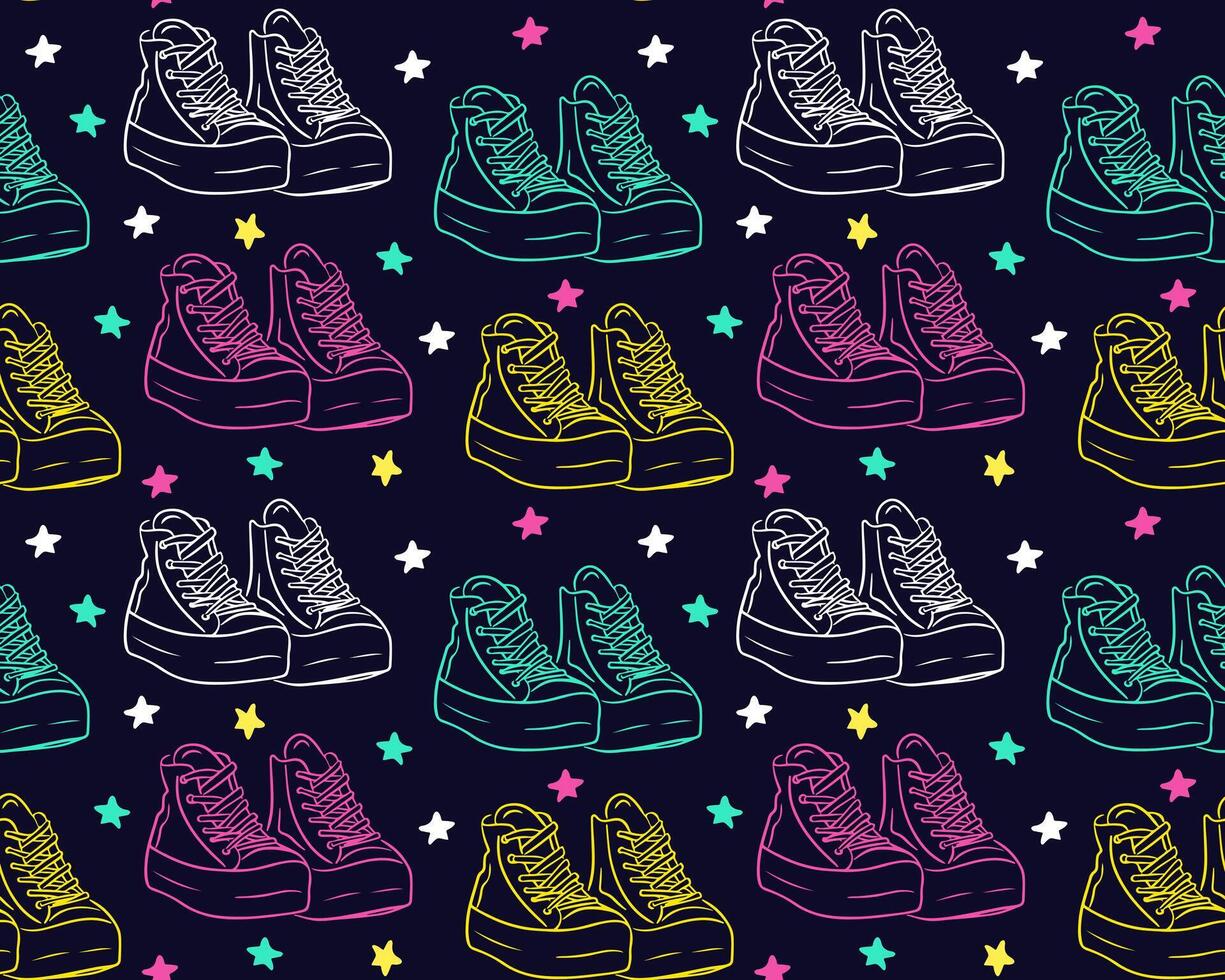 1225x980 Neon colored retro 90s seamless pattern with outlined sneakers on dark background, creating a vibrant and playful design. hand drawn doodle illustration. Good for textile, fabric, wallpaper