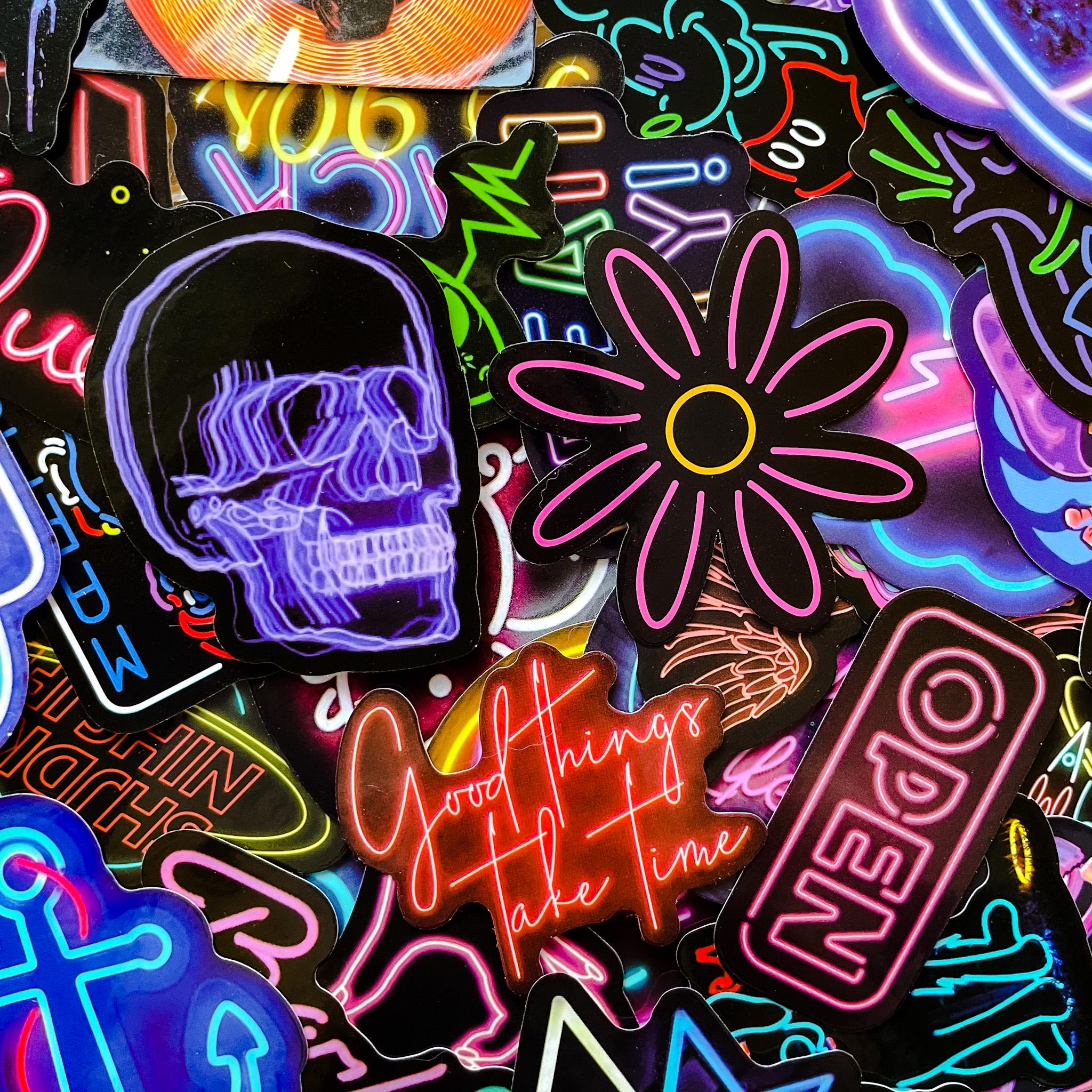 2048x2048 100pcs Aesthetic Neon Stickers, Neon Waterproof Stickers, Cool Retro Decals, Urban Pop Art Stickers Pack, Funky Glow Collection