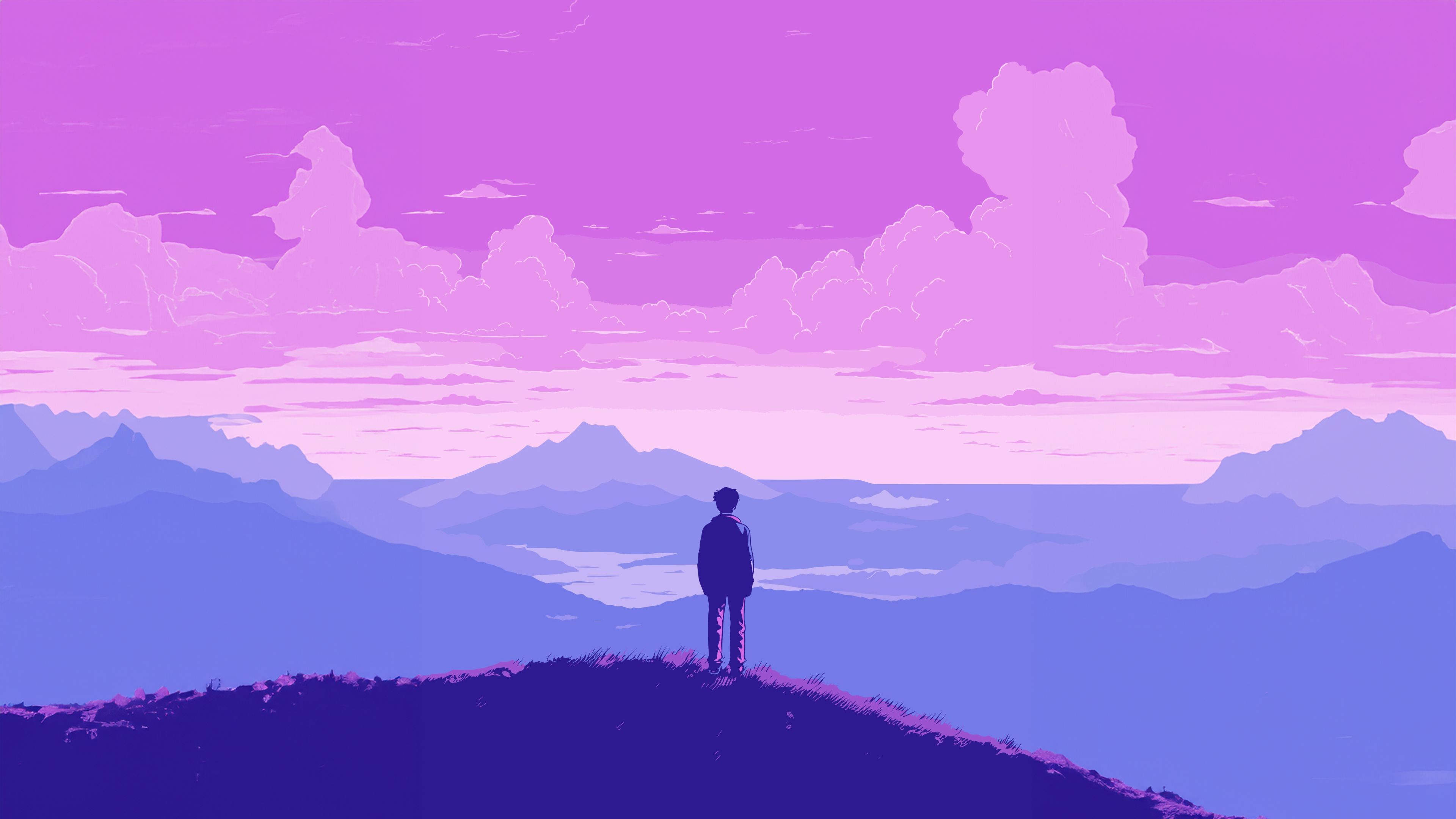 3840x2160 Lofi boy Wallpaper 4K, Landscape, Pixel art, Purple sky