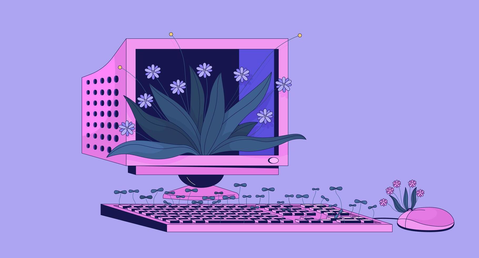 1820x980 Old computer with growing plants lofi wallpaper. Vintage electronic device 2D cartoon flat illustration. Retro pc station and fresh flora chill art, lo fi aesthetic colorful background
