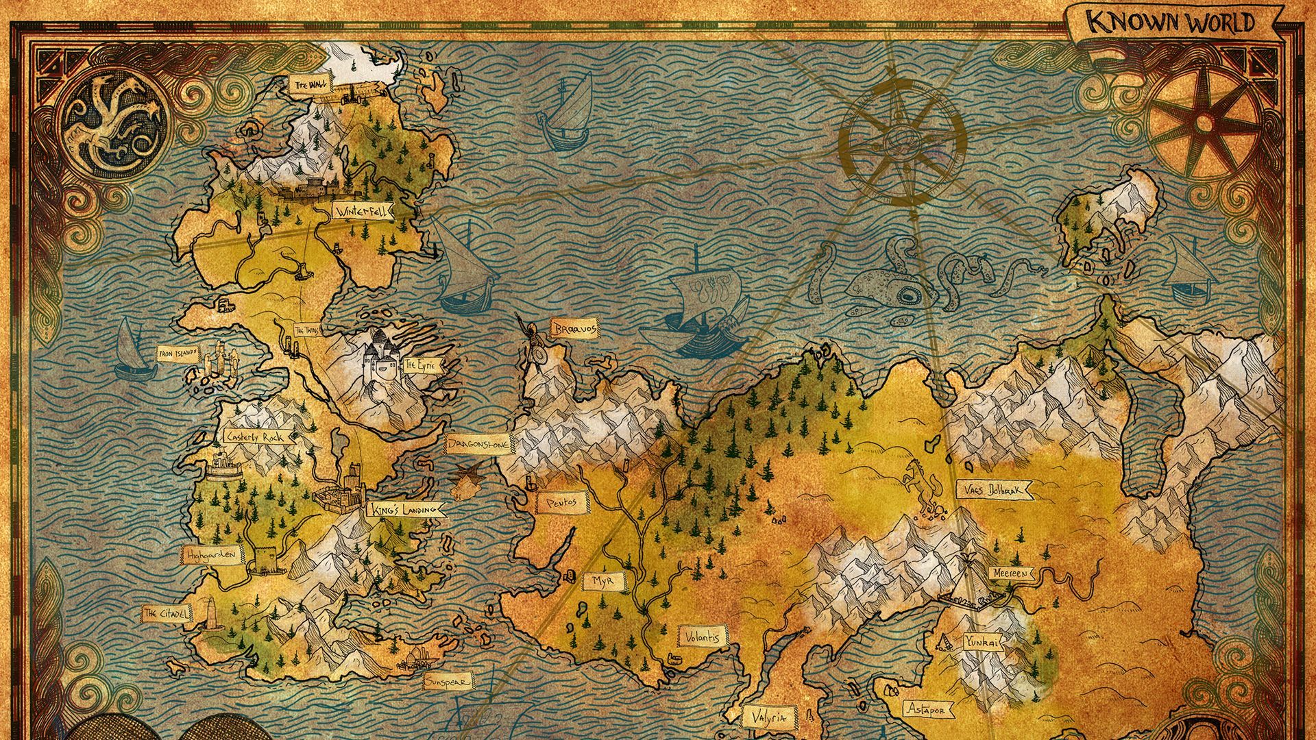 1920x1080 Game Of Thrones map the known world, Westeros, The Wall and more