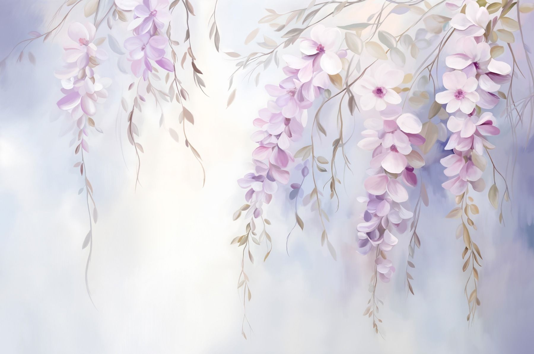 1800x1195 Wall Mural Wisteria flowers with lilac petals and green leaves hanging from branches, soft pastel colors, , Wall Murals Flowers, w09010 :
