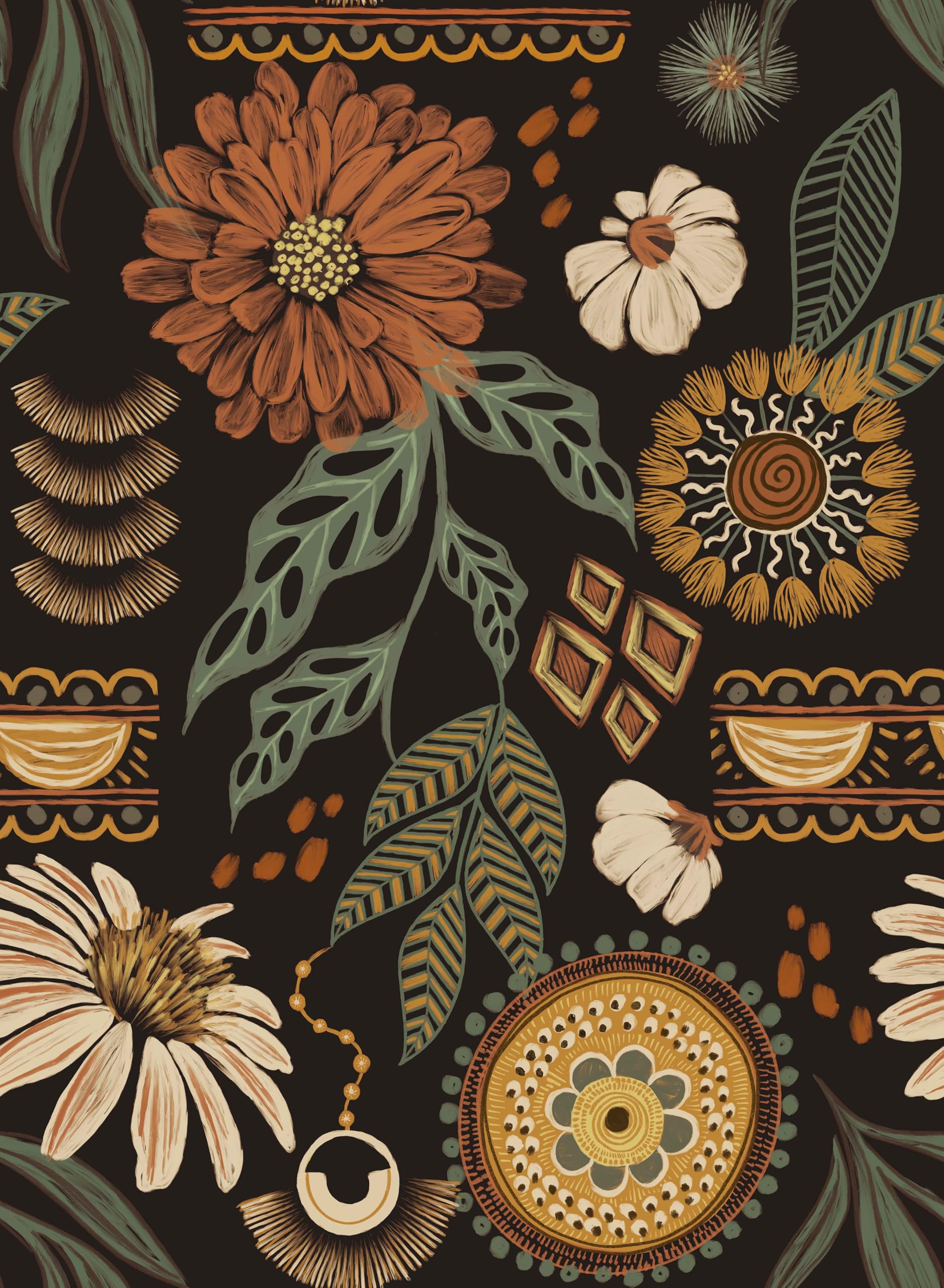 1877x2560 Boho Peel and Stick Wallpaper Retro Sun Floral Contact Paper 17.3 x 120. Retro Removable Dark Botanical Flowers Bathroom Bedroom, Vintage Renter Friendly Wall Mural