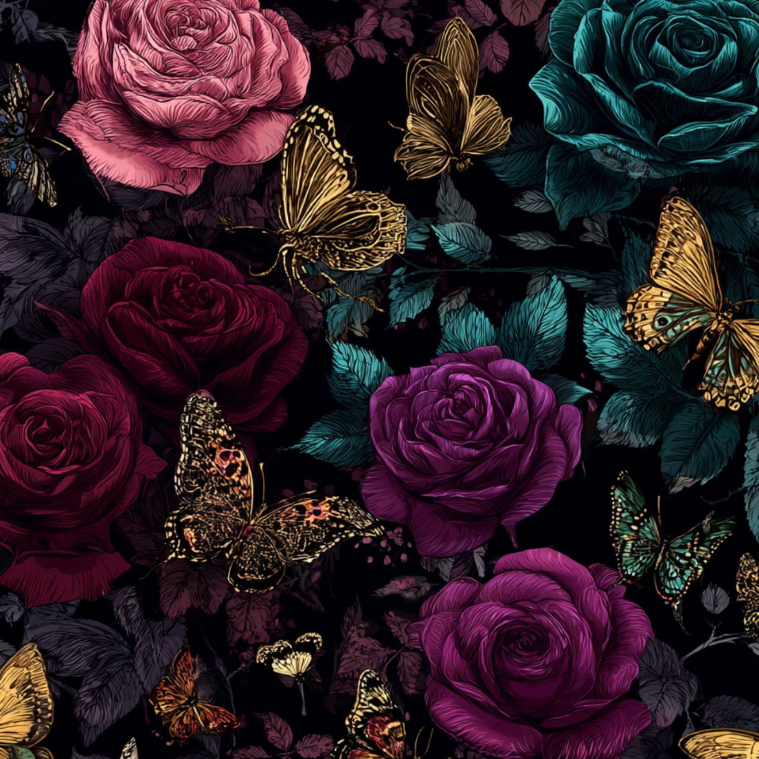 1500x1500 Boho Peel and Stick Wallpaper Vintage Floral Roses Butterflies Dark Colors Wall Mural 17.7in x 9.8ft Self Adhesive Removable Wall Paper Renter
