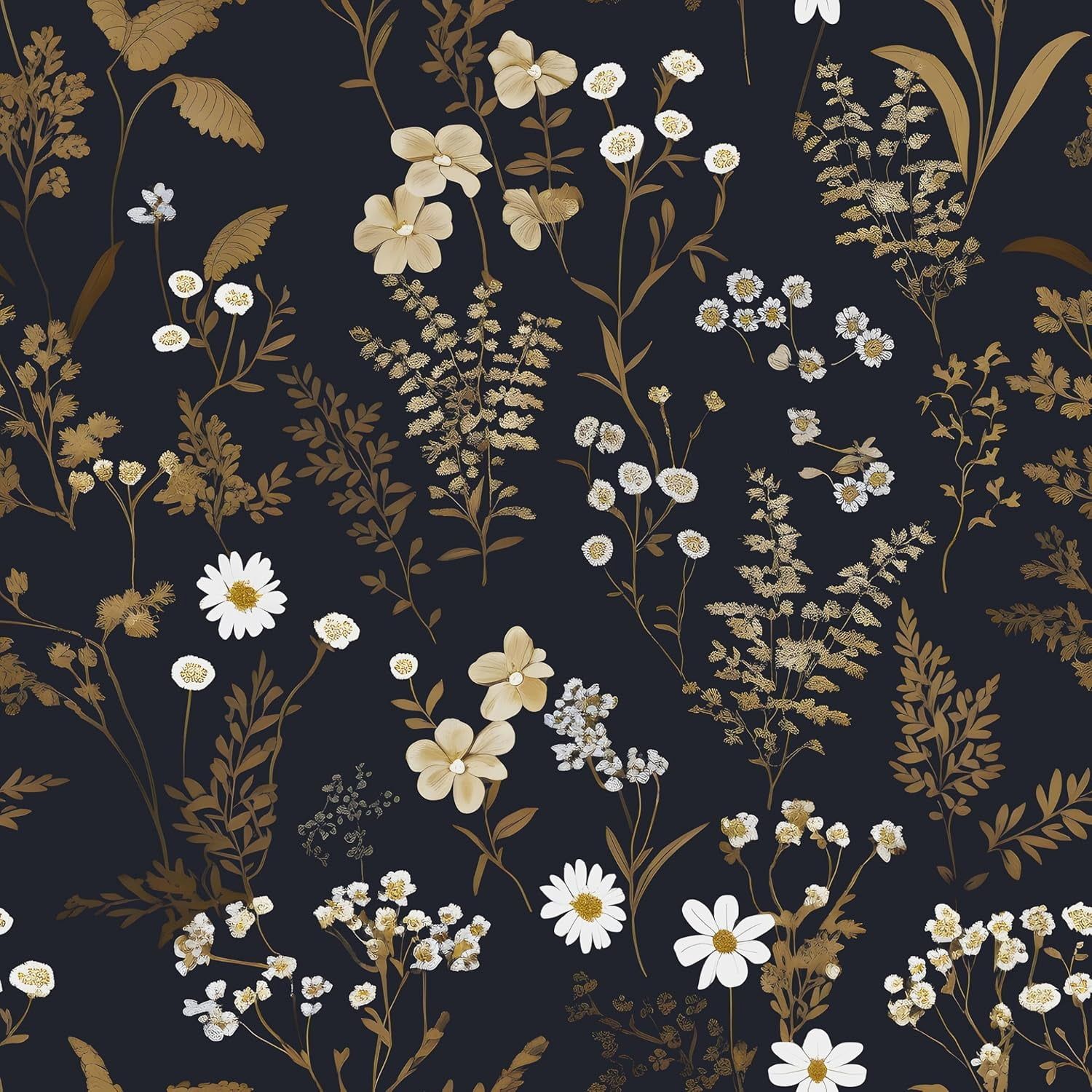 1500x1500 Dark Floral Wallpaper Peel And Stick 17.5in X 118in Gold Leaf Wallpaper Vinyl Waterproof Self Adhesive Boho Navy Gold Botanical Wall Paper Mural For Bookcase Bedroom Cabinet Decor