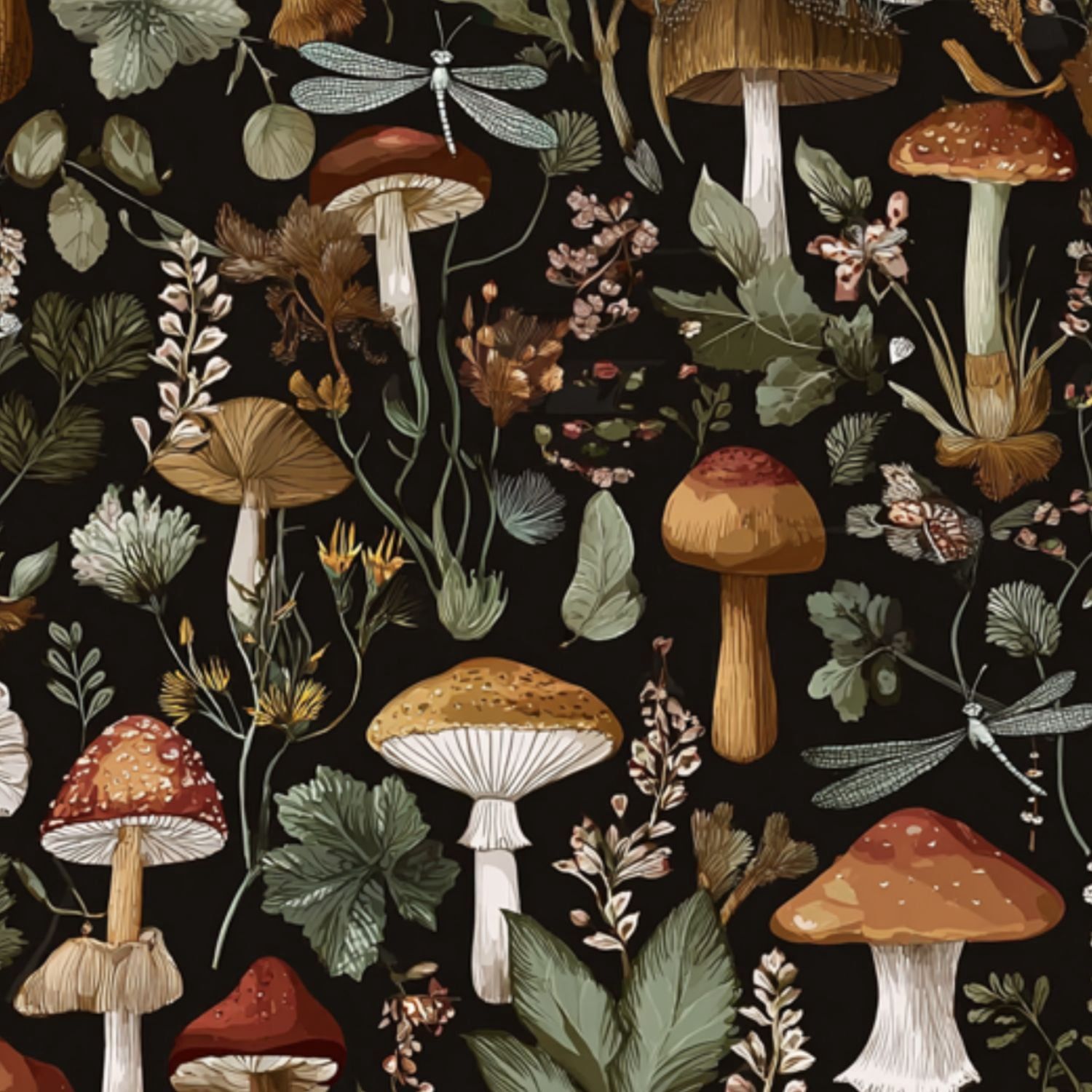 1500x1500 Boho Peel and Stick Wallpaper Whimsical Mushroom Floral Botanical Dragonflies Dark Contact Paper 17.7in x 9.8ft Wallpaper Removable Self Adhesive Wall Paper for Bedroom Business Supplies