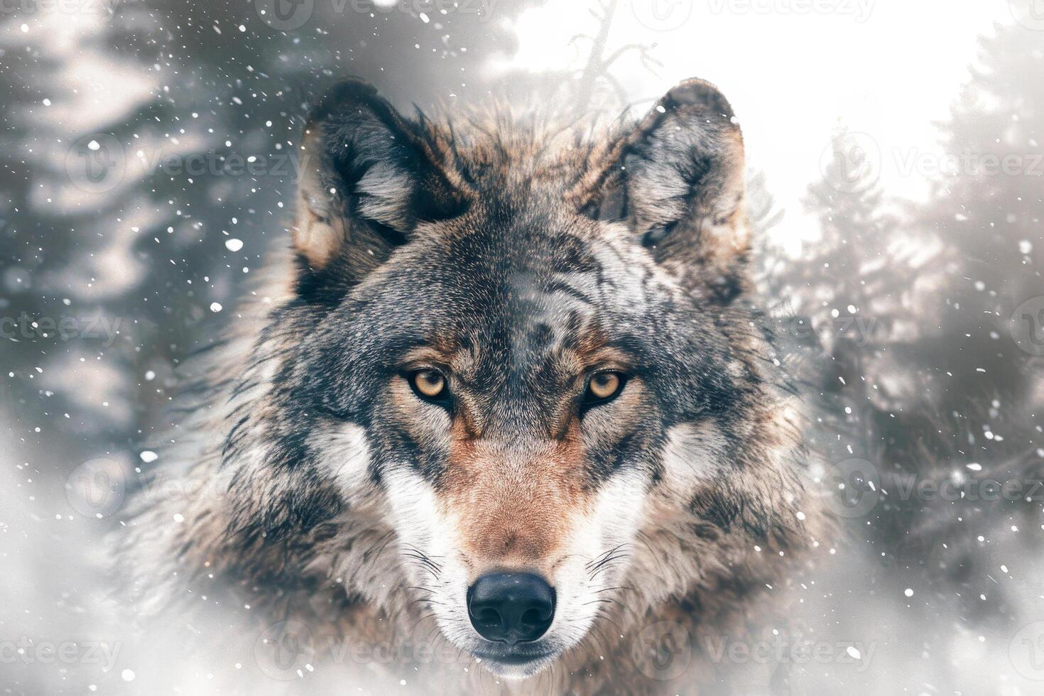 1470x980 A majestic wolf stands at the forefront, its piercing gaze focusedling snow in a serene winter forest landscape, evoking a sense of calm and wilderness 55945649